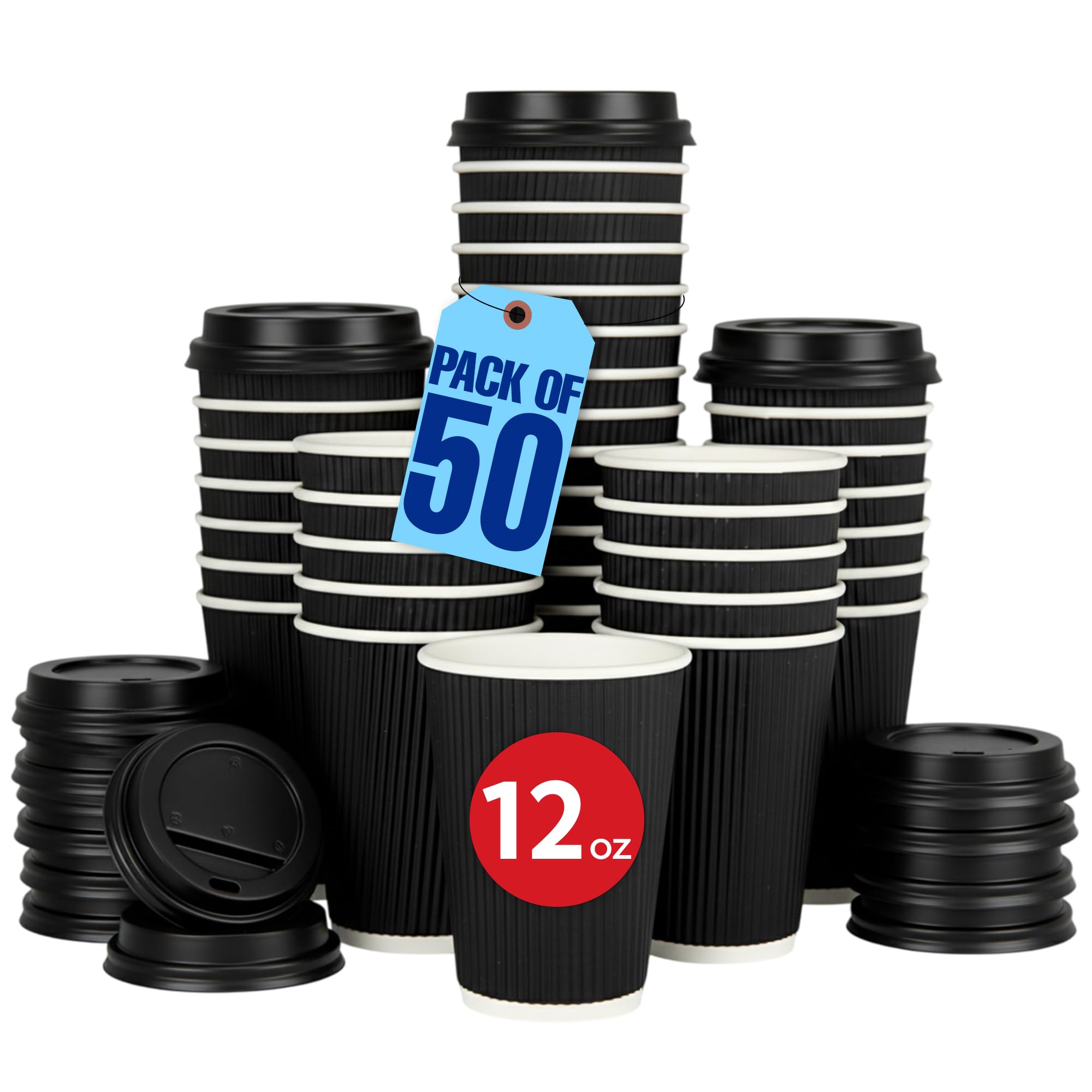 MARKQ [Set of 50] [12 Oz] Black Disposable Coffee & Tea Cups with Lids - Hot Beverage Corrugated Tripple Wall Disposable Paper Cups - Eco-Friendly
