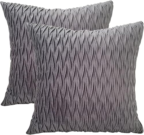 Juego de 2 fundas de almohada de 18 x 18 pulgadas a rayas, color gris oscuro, fundas de almohada decorativas cuadradas de terciopelo para sofá rural