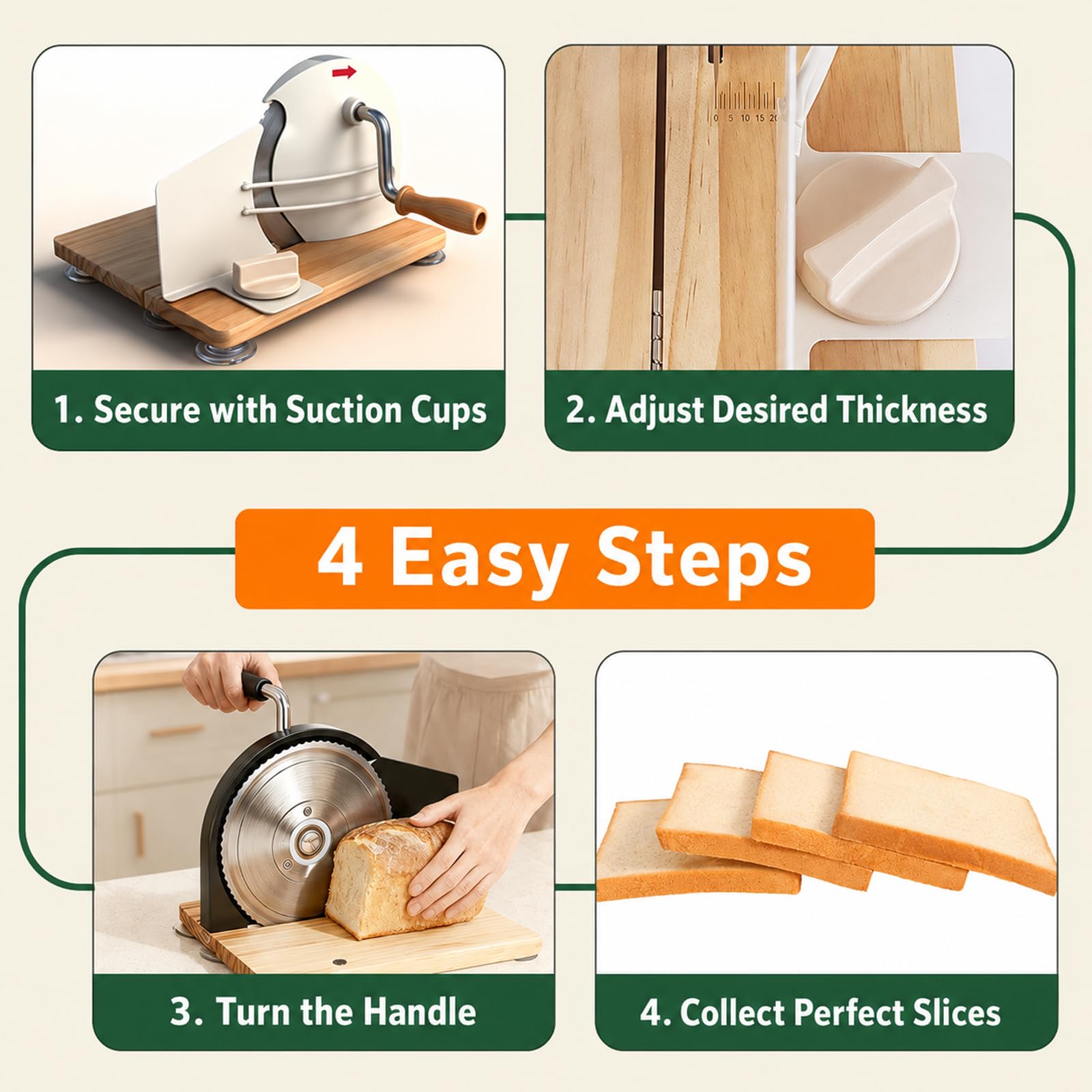 Cortadora Manual de Pan, Rebanadora con Manivela Ajustable 1–20 mm | Cuchilla Dentada, Base de Madera Plegable y Ventosas para Pan, Tostadas, Bollería, Queso y Salchichas(black)
