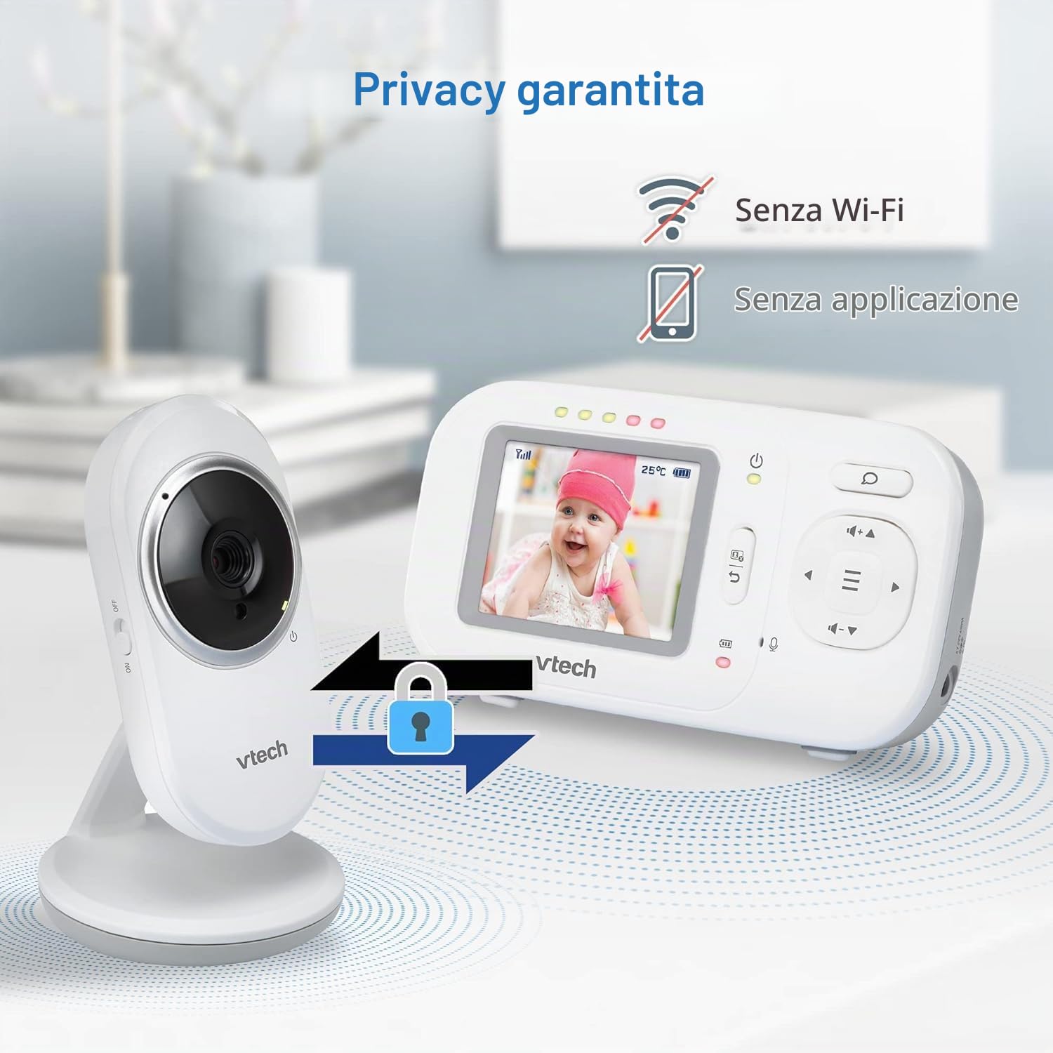 VTech Baby Monitor con Display 2,4", Visione Notturna, Comunicazione Bidirezionale, Sensore di Temperatura, Indicatore Sonoro, Raggio Fino a 300m, Suoni Rilassanti e Ninne Nanne, Senza Wi-Fi: VM320