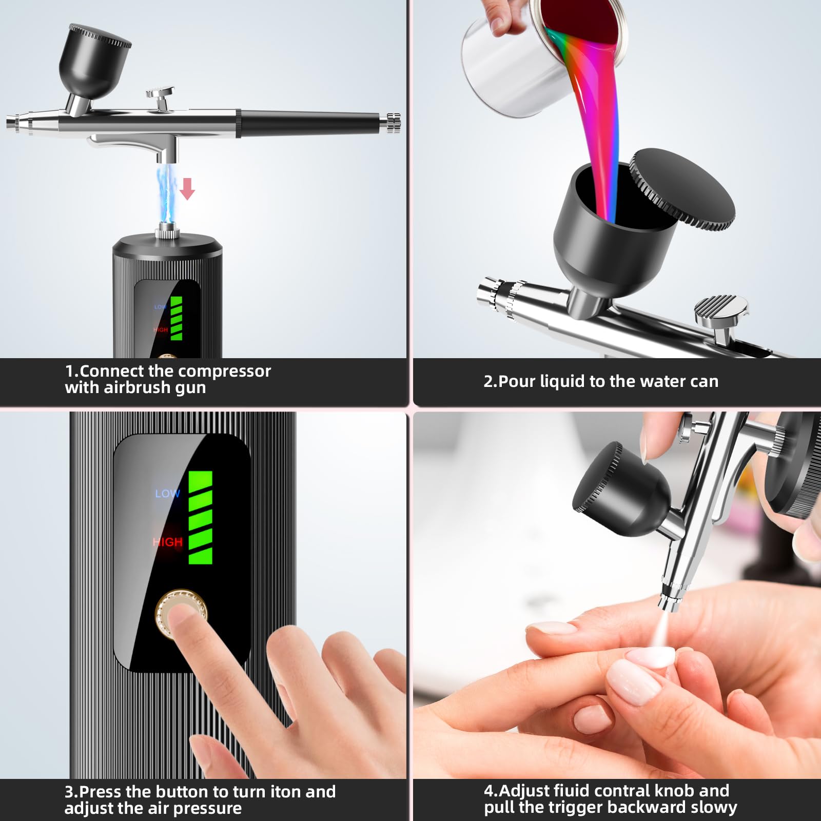 Airbrush-Kit mit Kompressor – 48PSI Hochdruck-Luftbürsten-Set, nicht verstopfend, kabellos, wiederaufladbar, mit 0,3 mm Düse und Reinigungsbürste für Nagelkunst, Make-up
