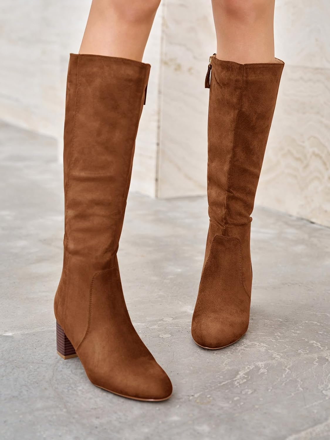 Coutgo Womens Chunky Heel Knee High Boots Suede Round Toe Fall Winter Tall Boots with Side Zipper - Image 3