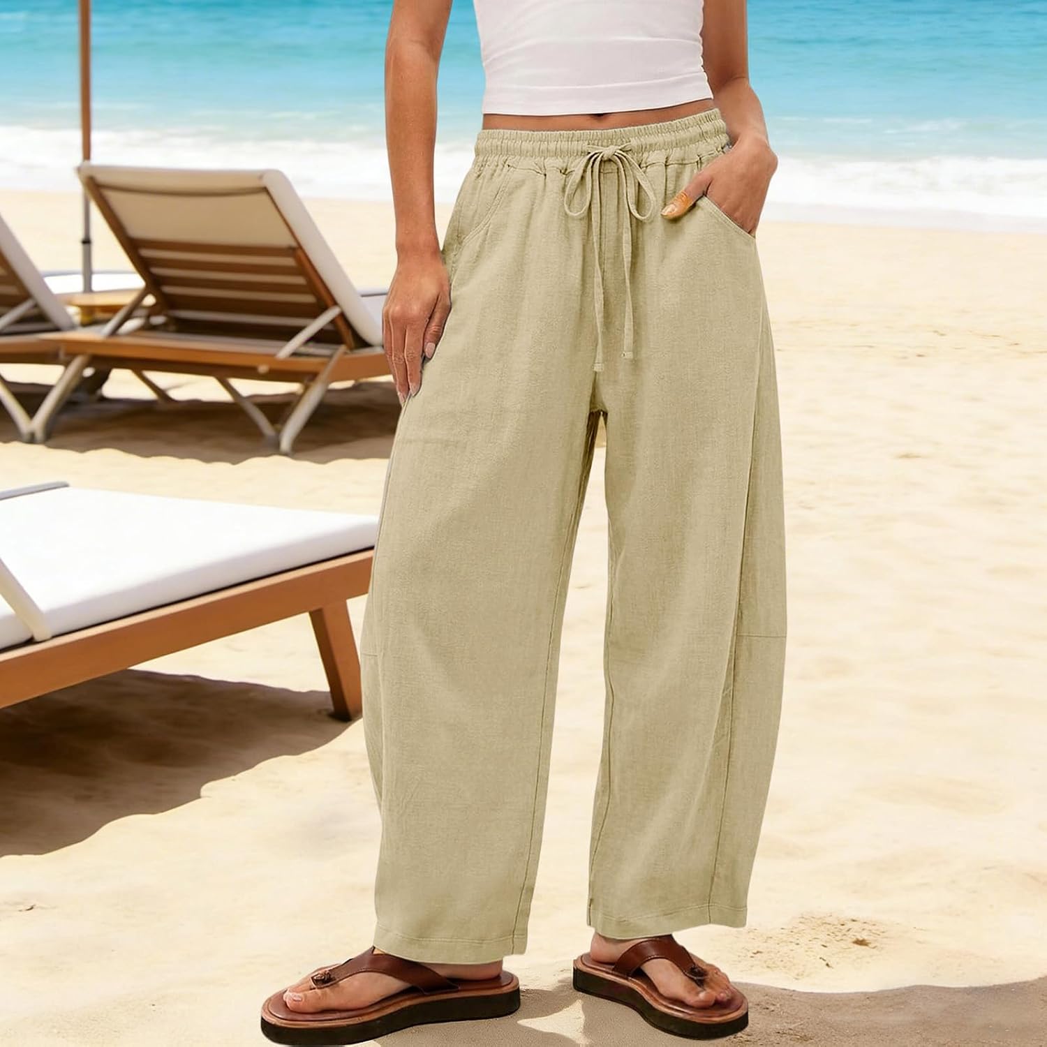 Wide Leg Palazzo Pants for Women Drawstring Elastic Waist Summer Beach Casual Loose Comfy Lightweight Pants