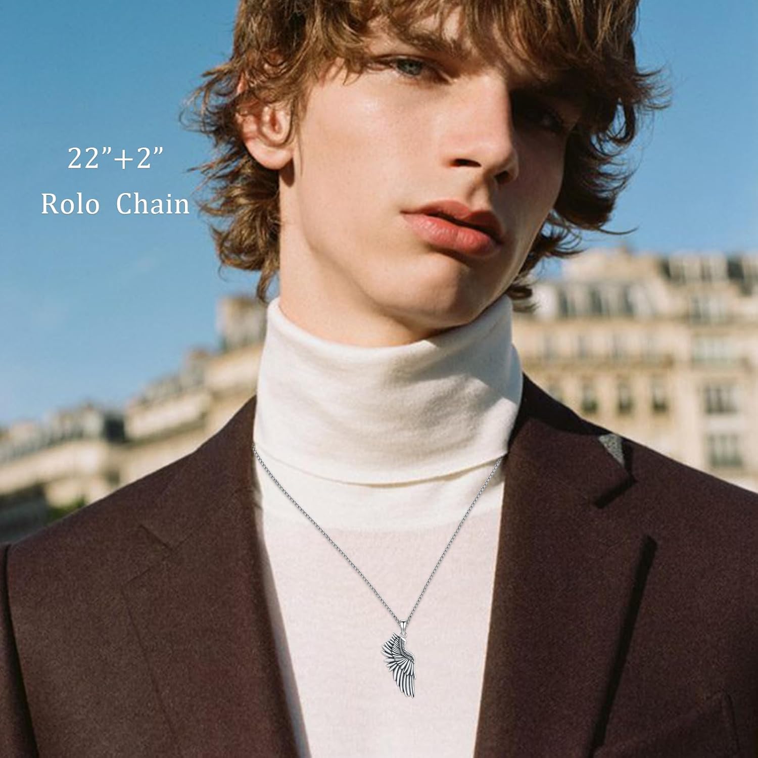 Angel Wing Necklace 925 Sterling Silver Angel Single Wing Pendant for Men Protection Jewelry Gifts with 22"+2" Rolo Chain