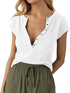Women Deep V Neck Low Cut Tops Casual Ribbed Knit Henley T-Shirts Summer Short Sleeve Tees