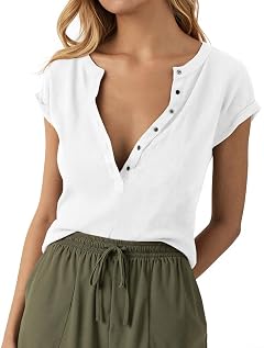 Tankaneo Women Deep V Neck Low Cut Tops Casual Ribbed Knit Henley T-Shirts Summer Short Sleeve Tees