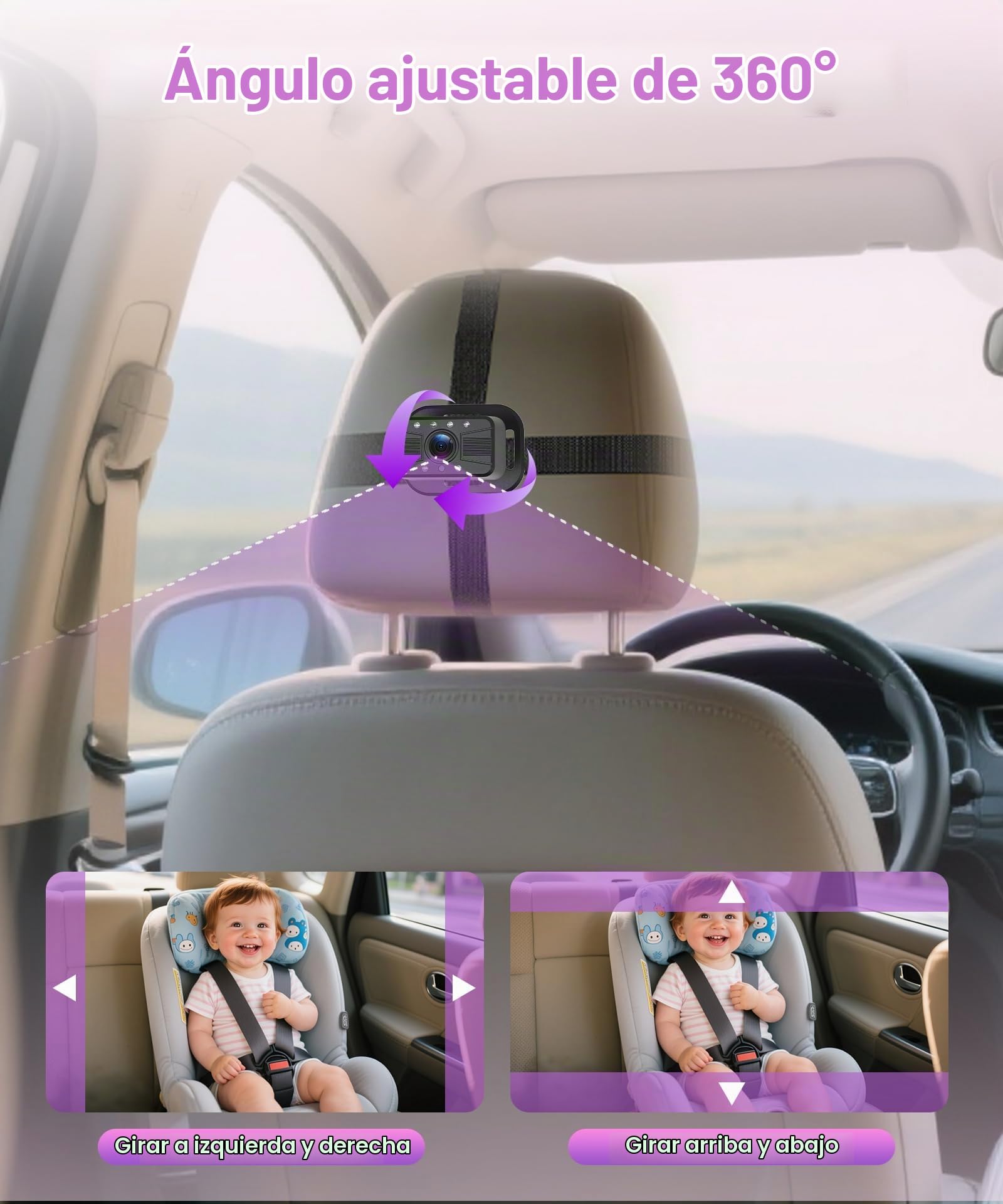 Rimoody Cámara de Coche para bebé con Cámara de Marcha Atrás con Matrícula, 6.86 Pulgadas Pantalla Dividida, Espejo de Coche para bebés con IR Visión Nocturna, 360° Giratoria Espejo Retrovisor de Bebé