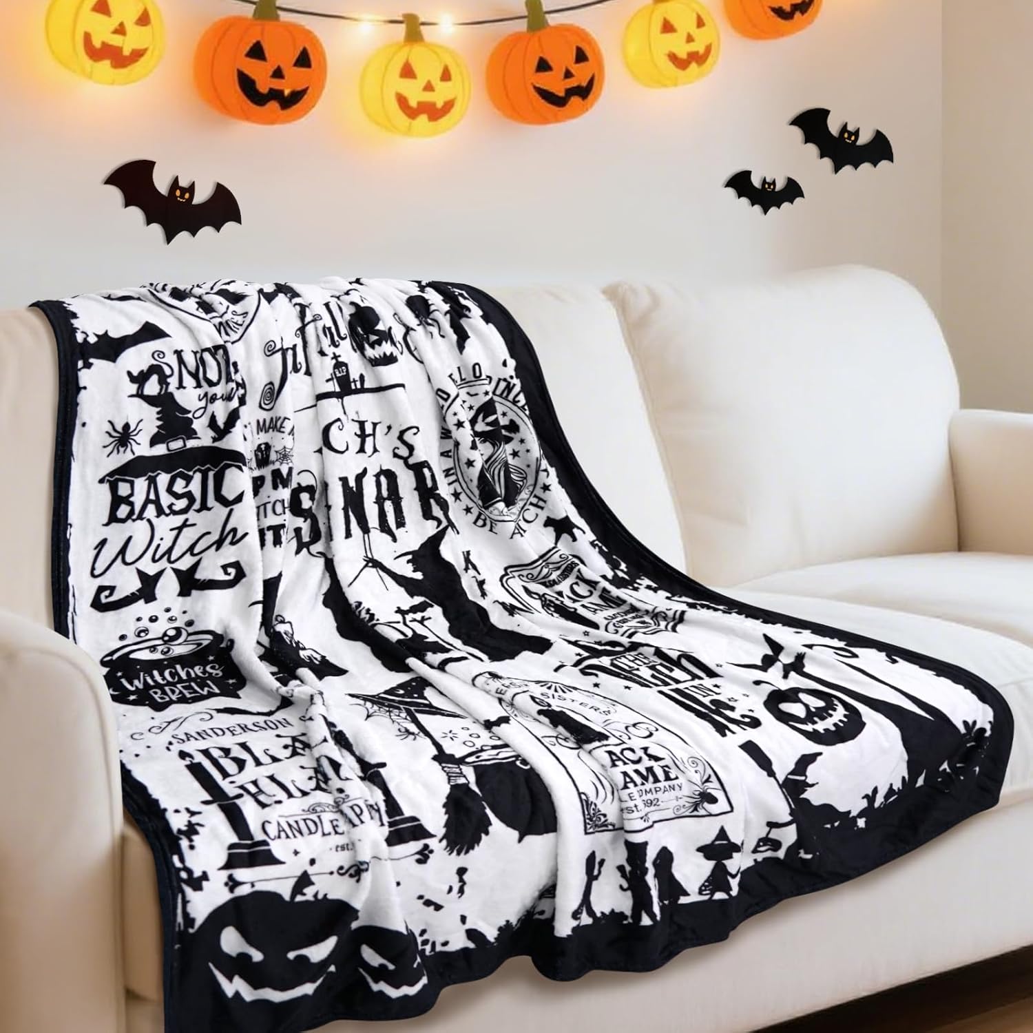 Witch Blanket Halloween Throw Blankets Gifts for Women Witchy Goth Skull Pumpkin Flannel Fleece Blankets for Couch Sofa Bed Chair Decor Witch's Spider Webs Decorations Blanket 50x60in - White