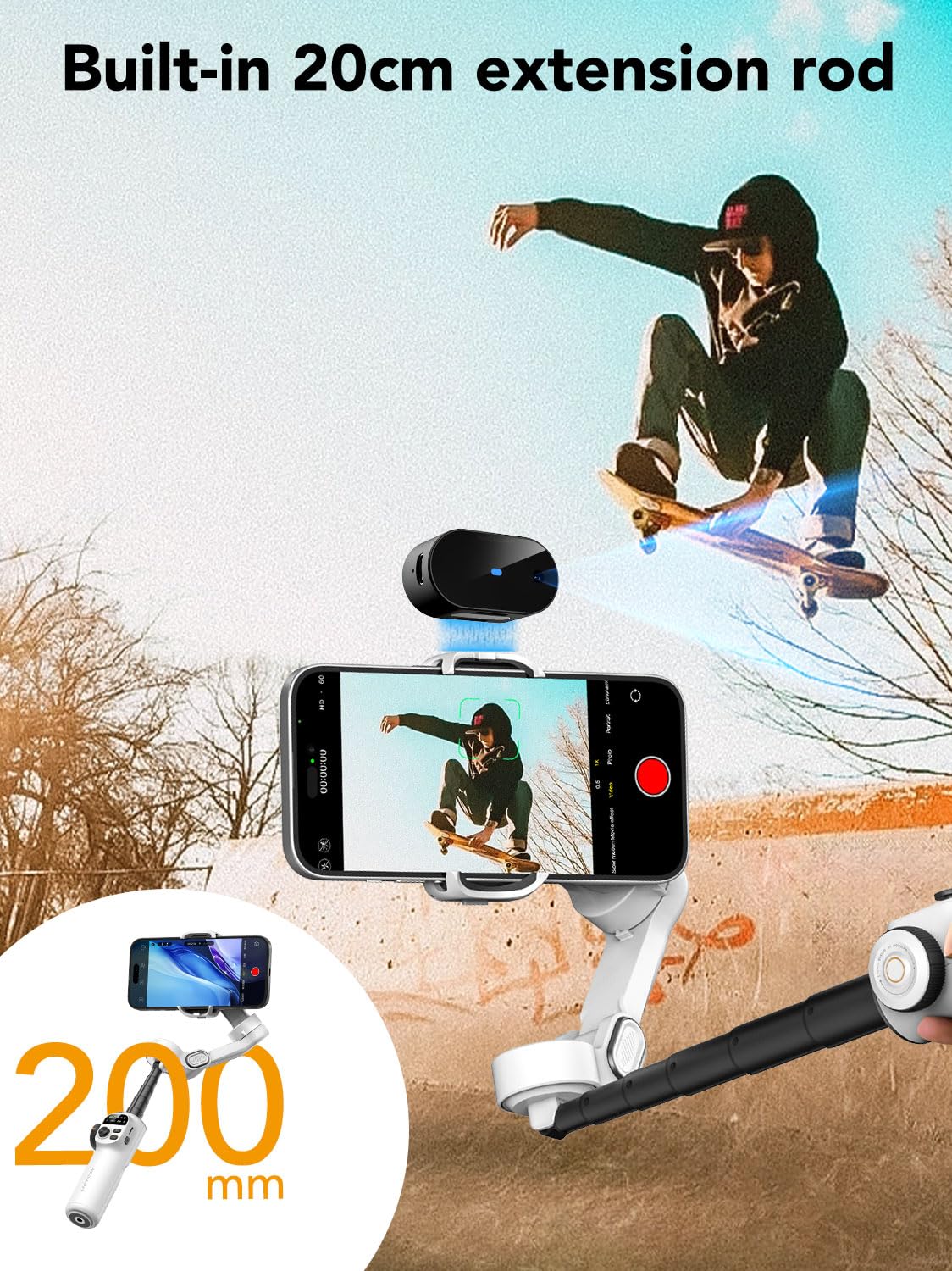 Smartphone Stabilisateur de cardan, Perche d'extension, Suivi du Visage Objets sans Application, cardan pour iPhone et Android, écran OLED, contrôle gestuel stabilisateur, AOCHUAN Smart X2AI Blanc