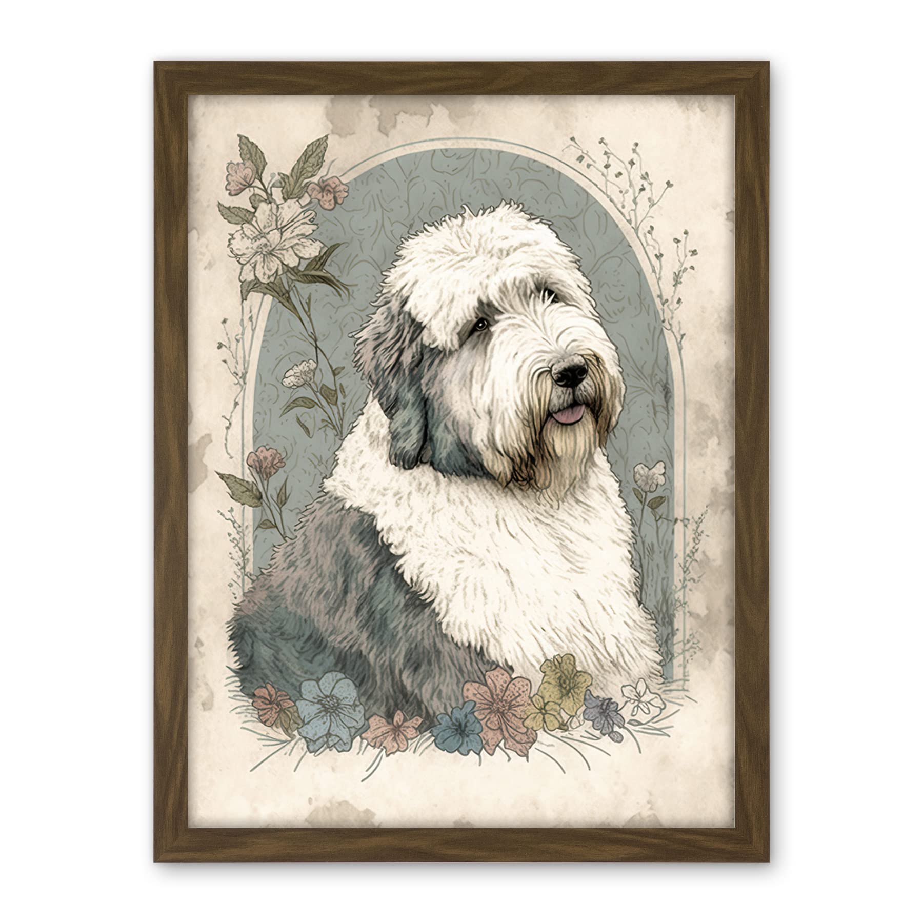 Artery8 English Sheepdog with Flower Blooms Boho Portrait Watercolour Illustration Artwork Framed Wall Art Print 18X24 Inch