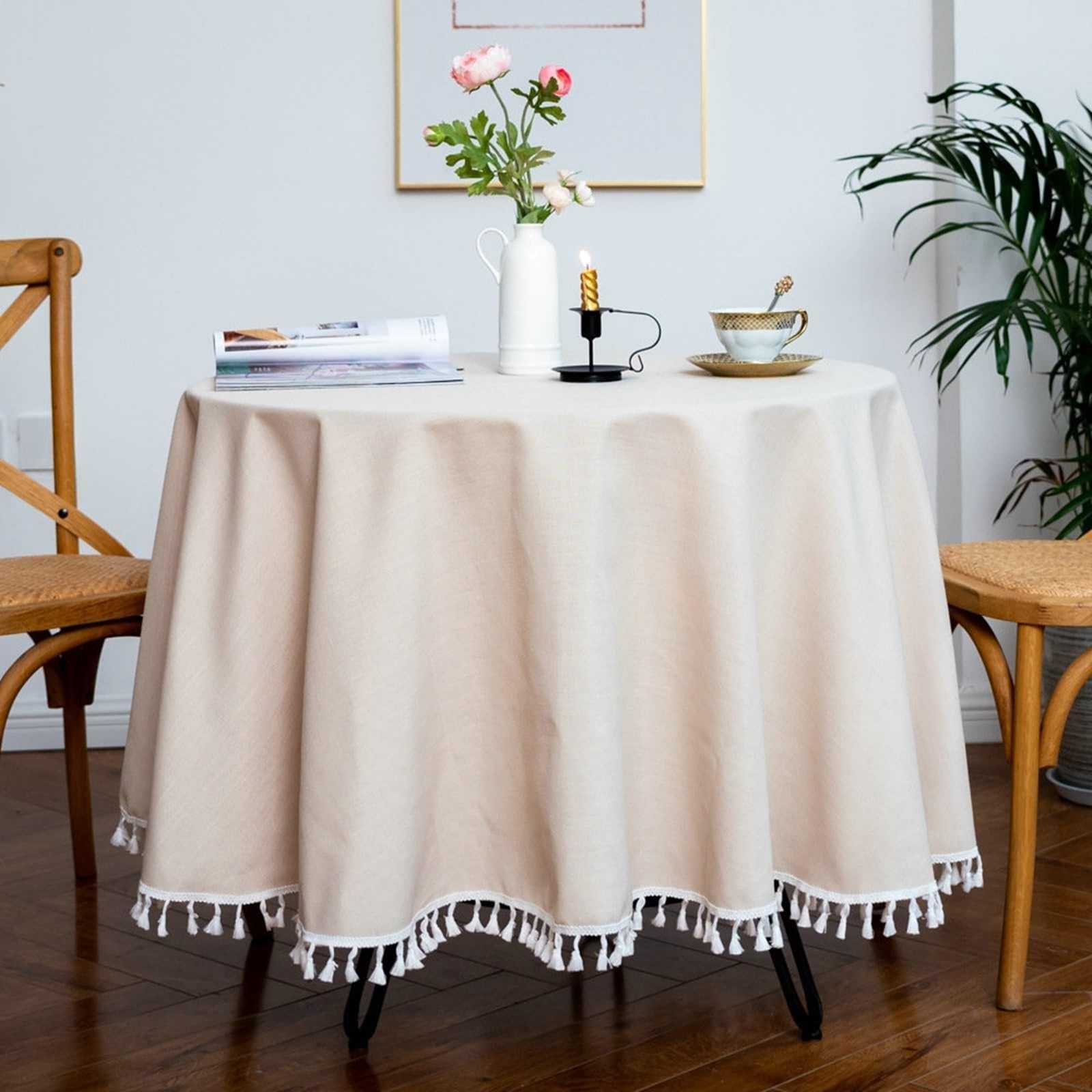 Tischdecke Rund 160 cm, Tischdecke Fleckenschutz Leinen 2-4 Personen Einfarbig Schwarz Tischtücher Esszimmer Deko