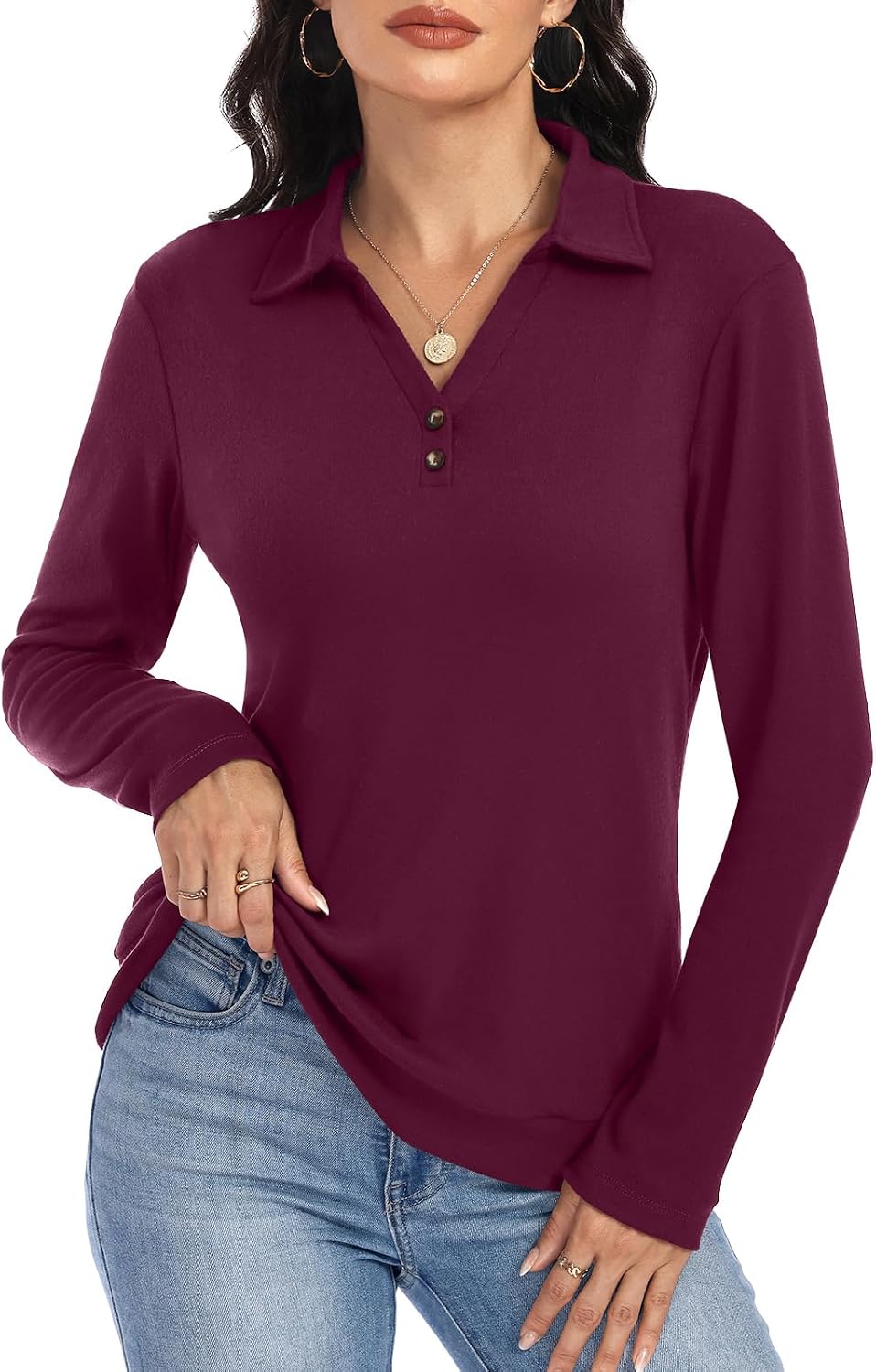 Women's Polo Shirts Long Sleeve Collared Shirts Business Casual Tops | Polo Shirts, Collared Shirts, Long Sleeve V Neck Tops, Banded Bottom, Adjustable Button, Business Casual Tops, Fall Tops