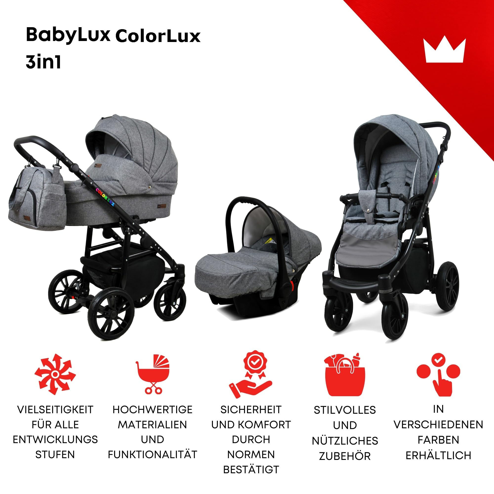 BabyLux Poussette Combinée Set 3 en 1 avec Nacelle
