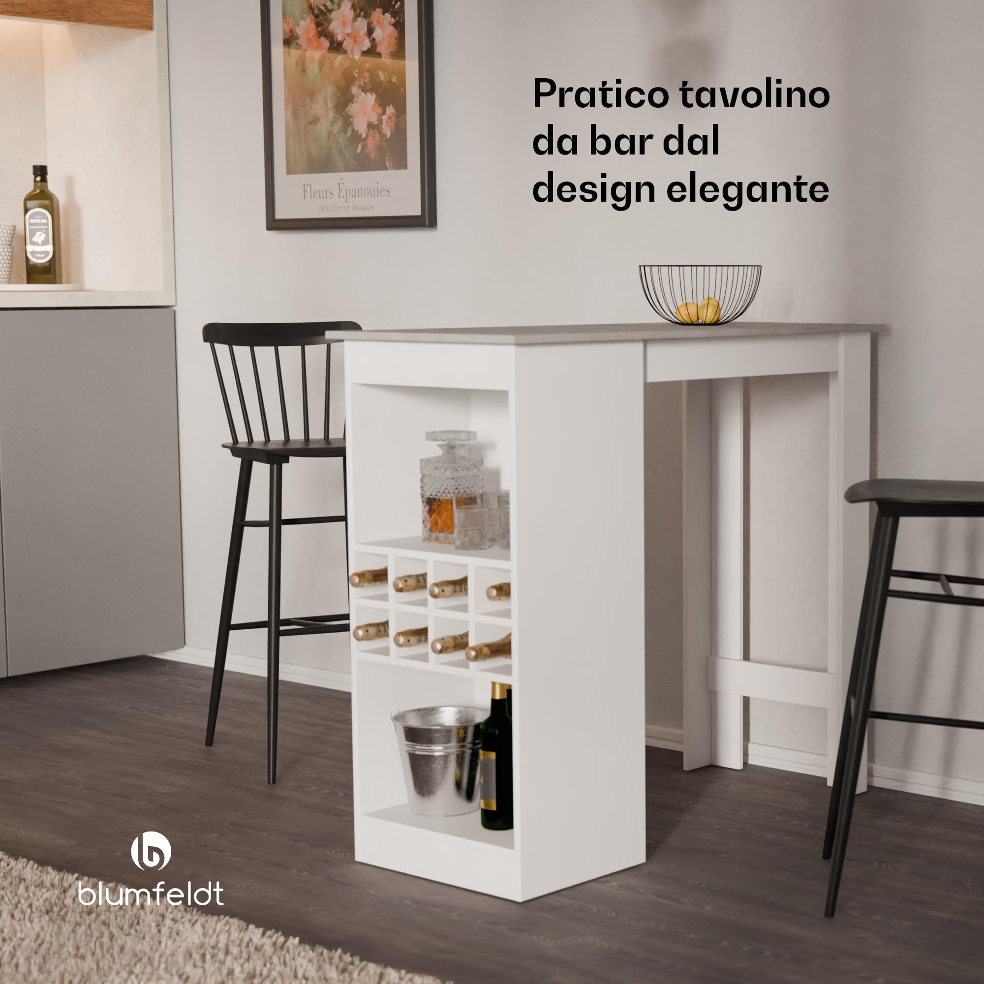 blumfeldt Tavolo Bar, Tavolo da Bar Alto per Cucina 110 cm con 3 Ripiani Regolabili, Tavolo Alto da Esterno Facile da Assemblare, Tavolo Bar Cucina a Isola, Rivestimento in Melamina Facile da Pulire