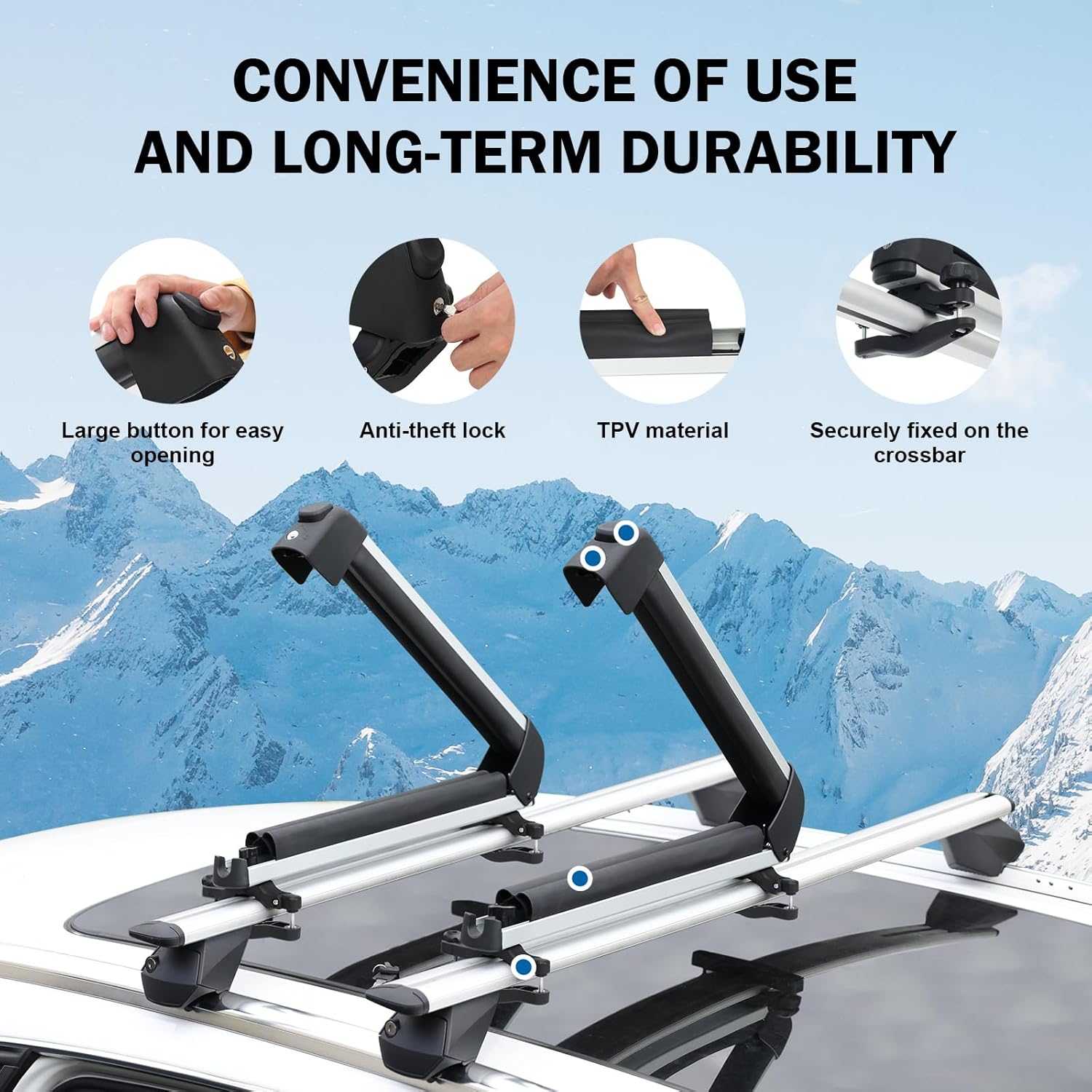 16.3 Inch Ski and Snowboard Rack for Car Roof, with TPV Rubber Padding and Lock, Fit 2 Pairs of Skis or 2 Snowboards, Mounting System Fits for Square/Round/Aero/Oval Cross Bars, Silver - Image 5