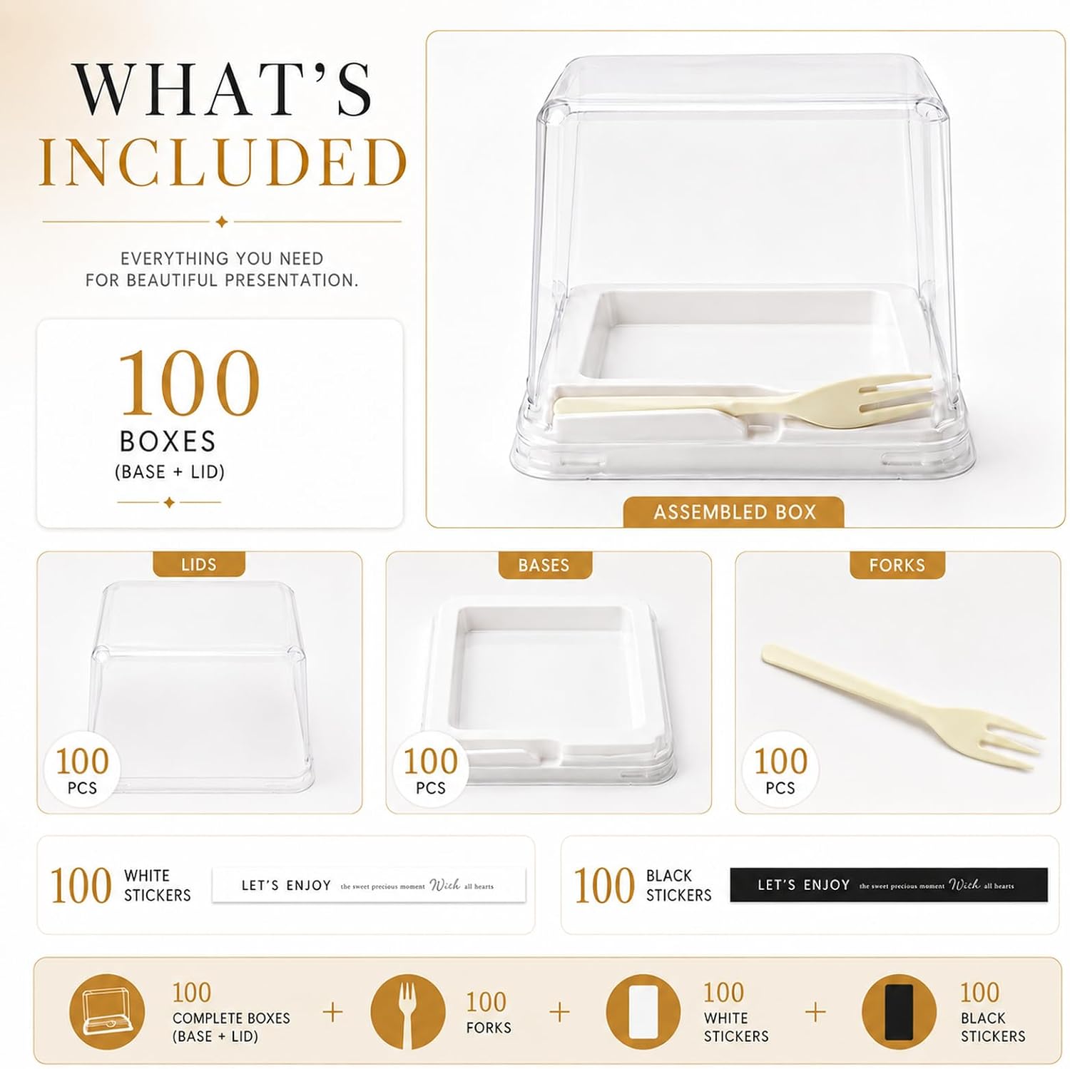 100 Pieces Cake Slice Plastic Containers with Disposable plastic fork and Stickers,4.3 Inches Hinged Lid Cheese cake Container,Cupcake containers,individual cupcake containers, Bakery and Cafe