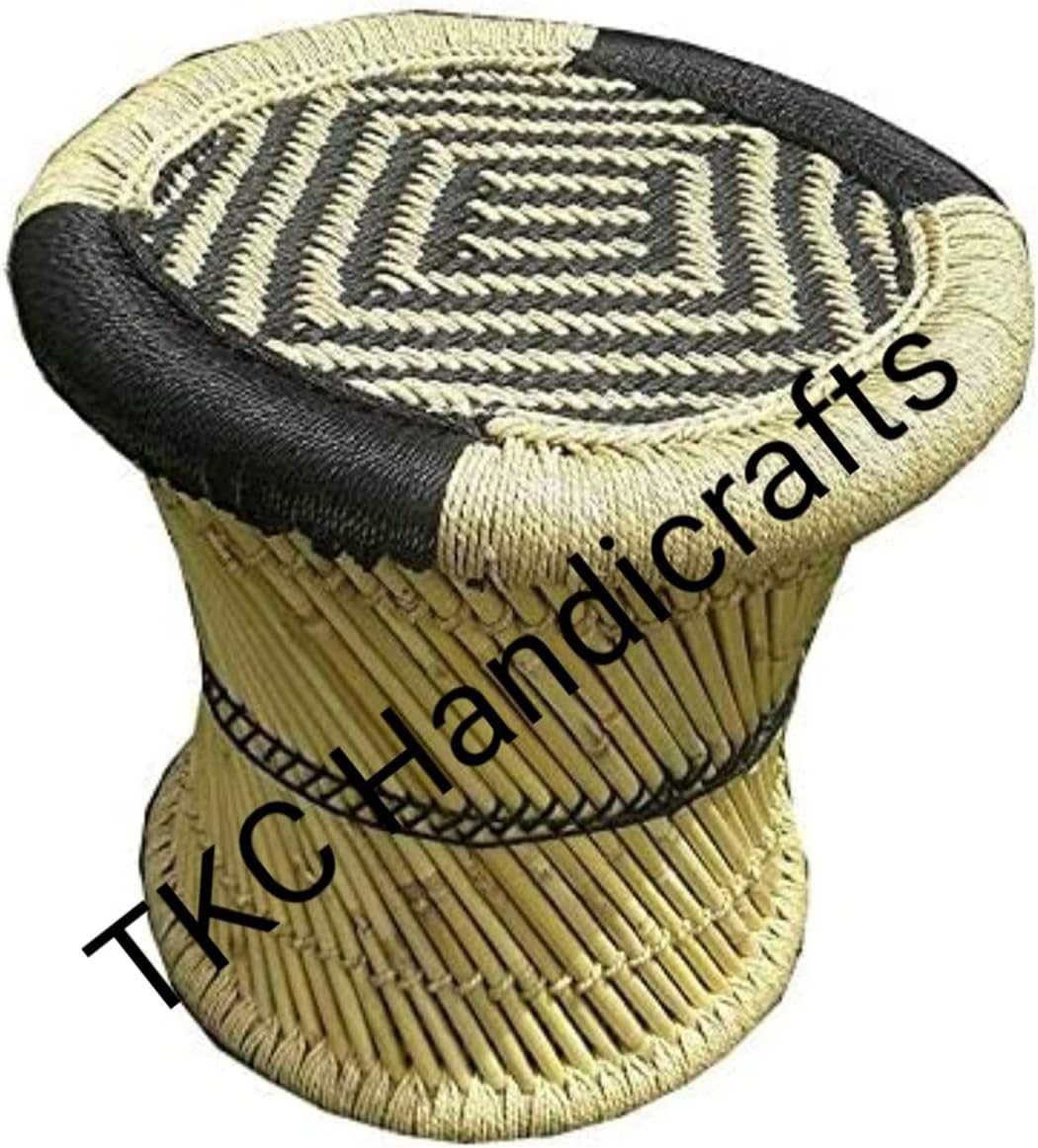 TKC handicrafts Eco-Friendly Natural Bamboo Cane Mudda Handmade muddi Garden Stool Indoor/Outdoor Furnishings Yellow and Black 16x15-inch