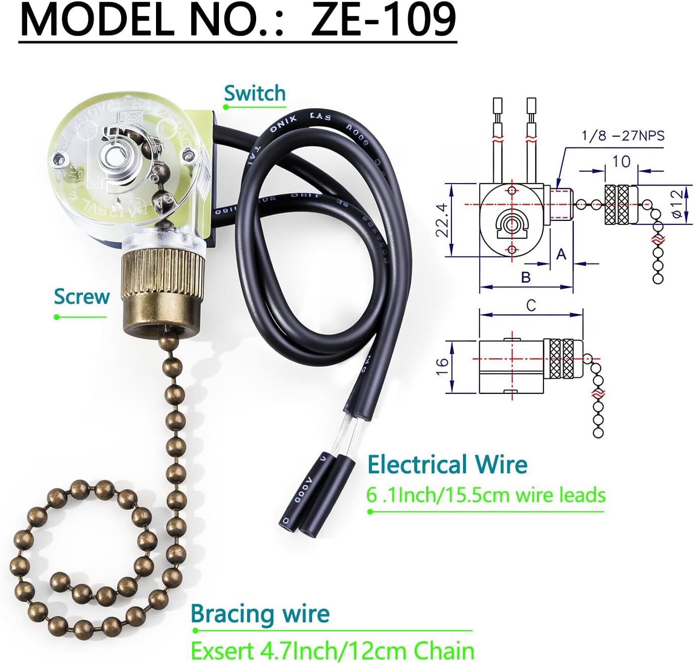 2Pack Ceiling Fan Pull Light Switch Zing Ear ZE-109, Bronze Easy Install Pull Cords Turn On-Off Control Replacement Accessories Compatible with Hunter Fan Wall Table Lamps
