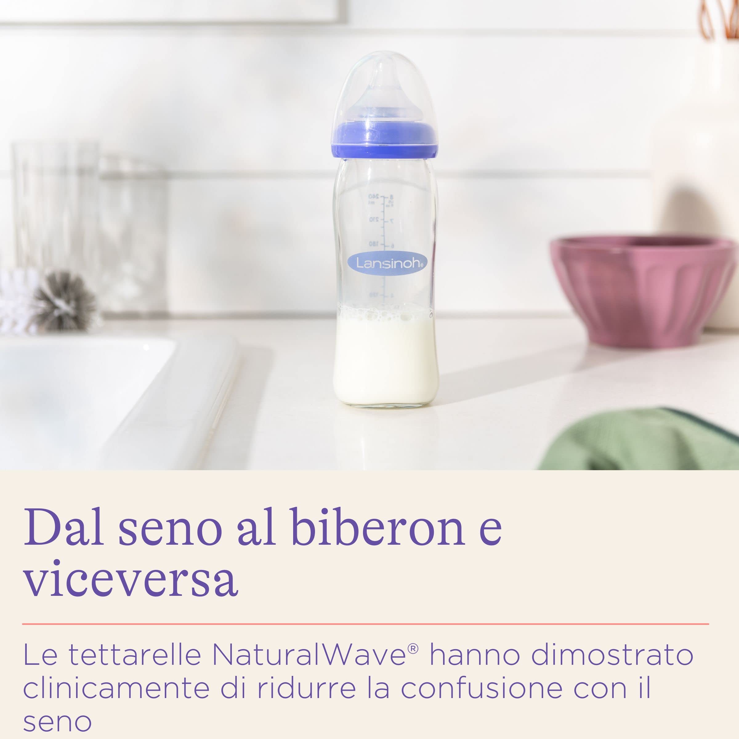 Lansinoh mOmma 77150 Biberon in Vetro con Tettarella, 240 ml