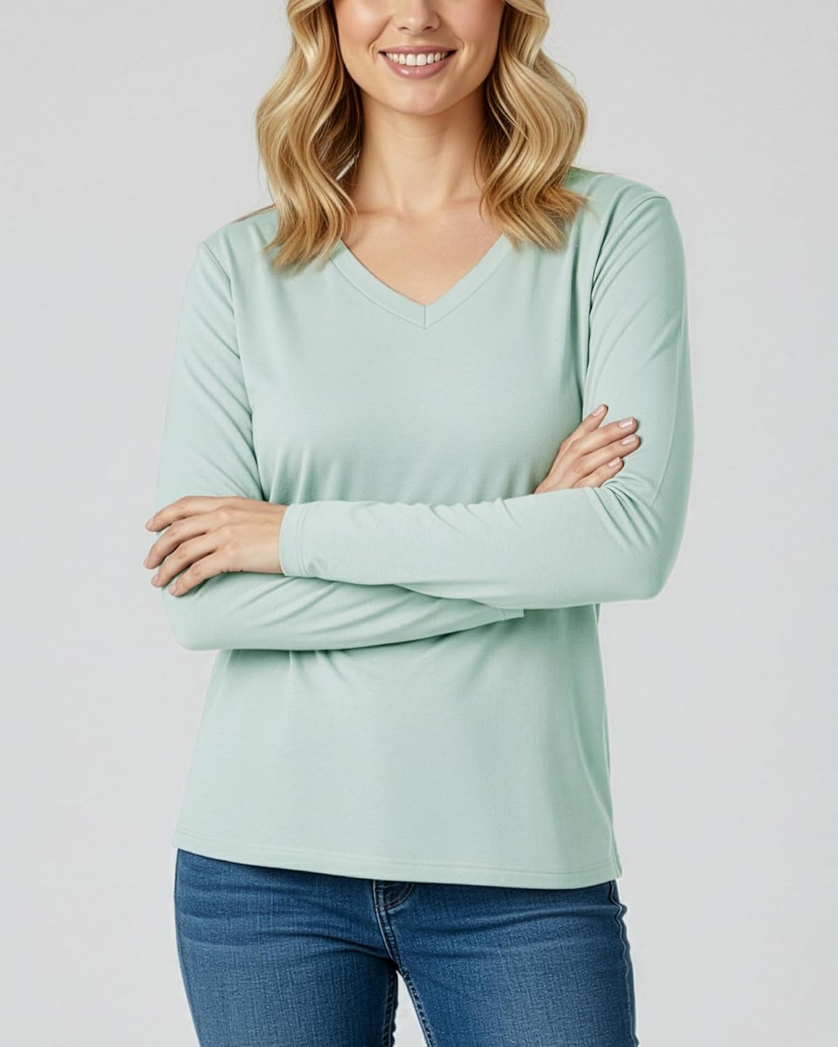 Real Essentials 4 Pack: Women's V-Neck Cotton Long-Sleeve T-Shirt (Available in Plus Size) - Image 4