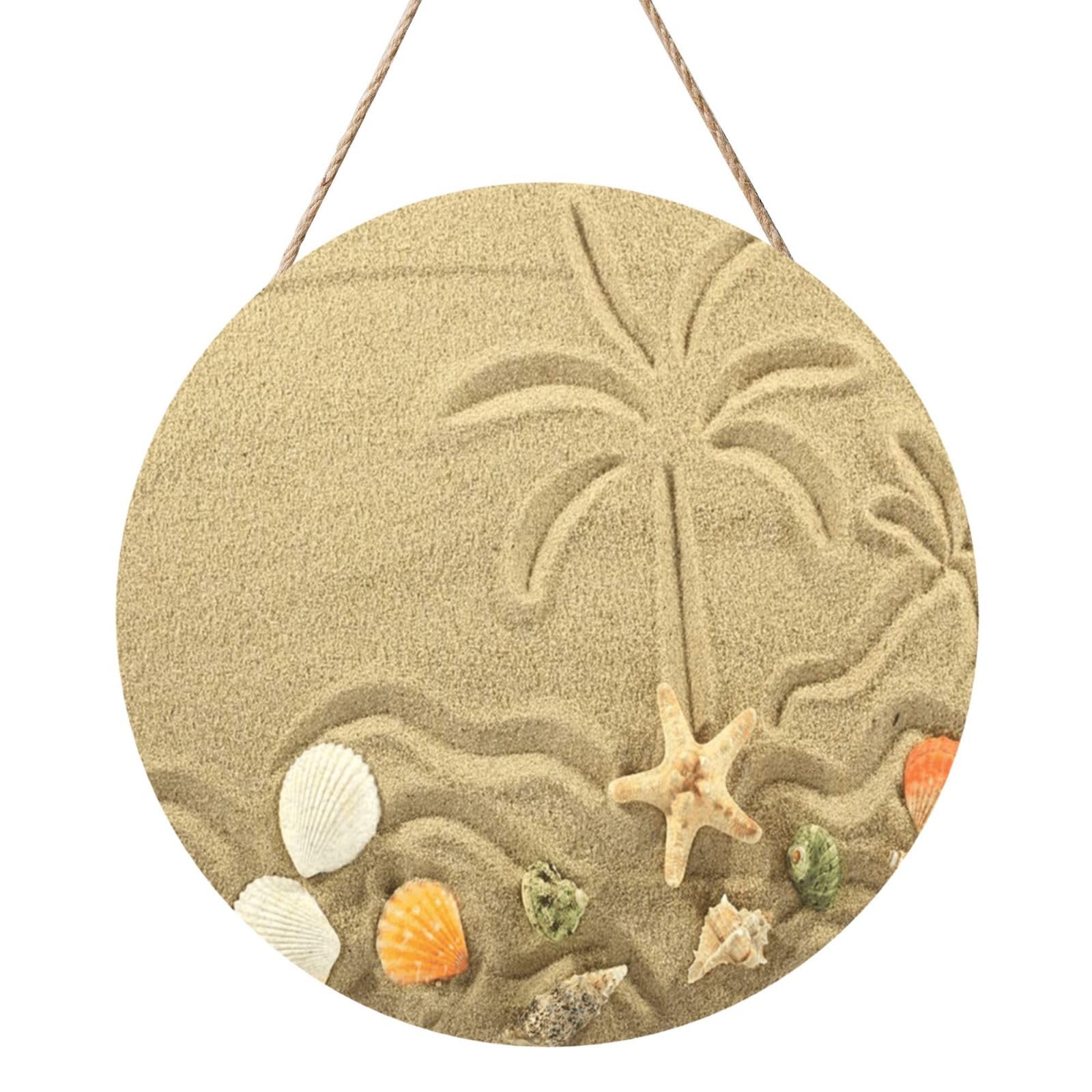InOmak Beach And Palm Trees, Round Wood Panel Painting 12 in, Wall Hanging Painting For Home