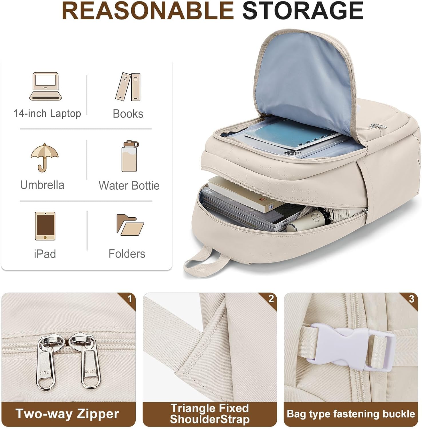 weradar Cute Backpack, Simple Casual Daypacks Backpack With Lots Of Pockets,Aesthetic Backpack For Women Men(Beige) image 3