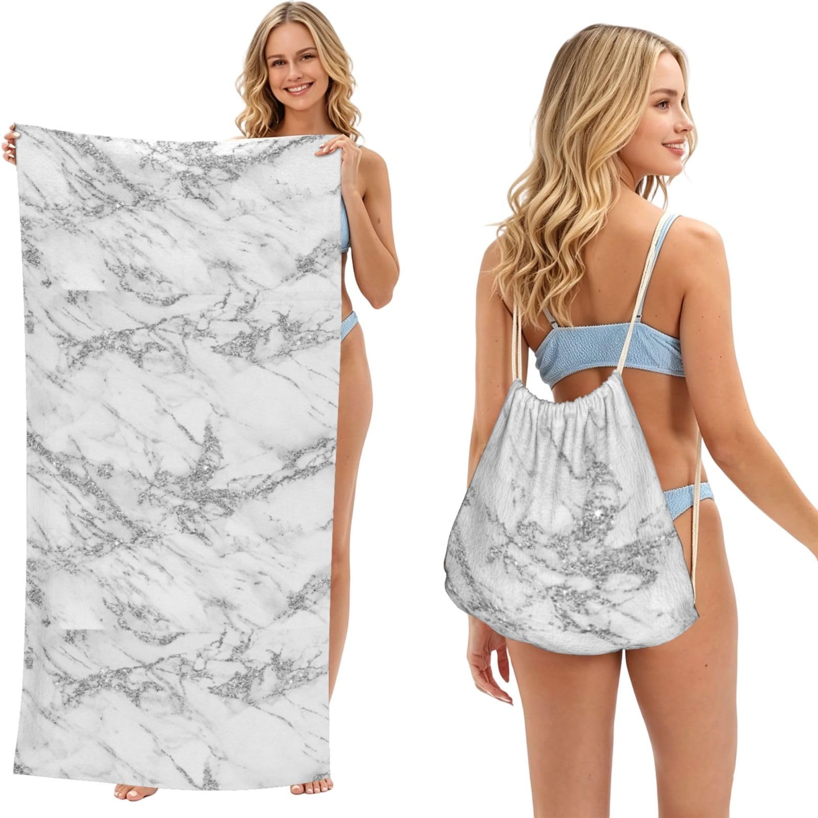 Poadnly As Picture Elegant Chic White Gray Silver Glitter Marble, 2 In 1 Packable Towel Bag, Beach Towels With Drawstring Backpack For Travel Holiday Camping