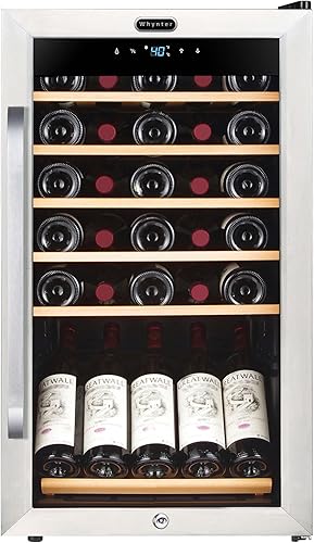 Whynter FWC-341TS - Refrigerador de vino de acero inoxidable con 34 botellas con estante de exhibición y control digital, color gris