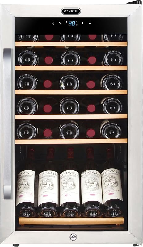 Wine Refrigerator 34 Bottle Freestanding Digital Control FWC-341TS | Quiet Compressor Cooling, Even Cooling for Reds and Whites, Stores and Chills Your Wine Collection, Trusted Whynter Quality