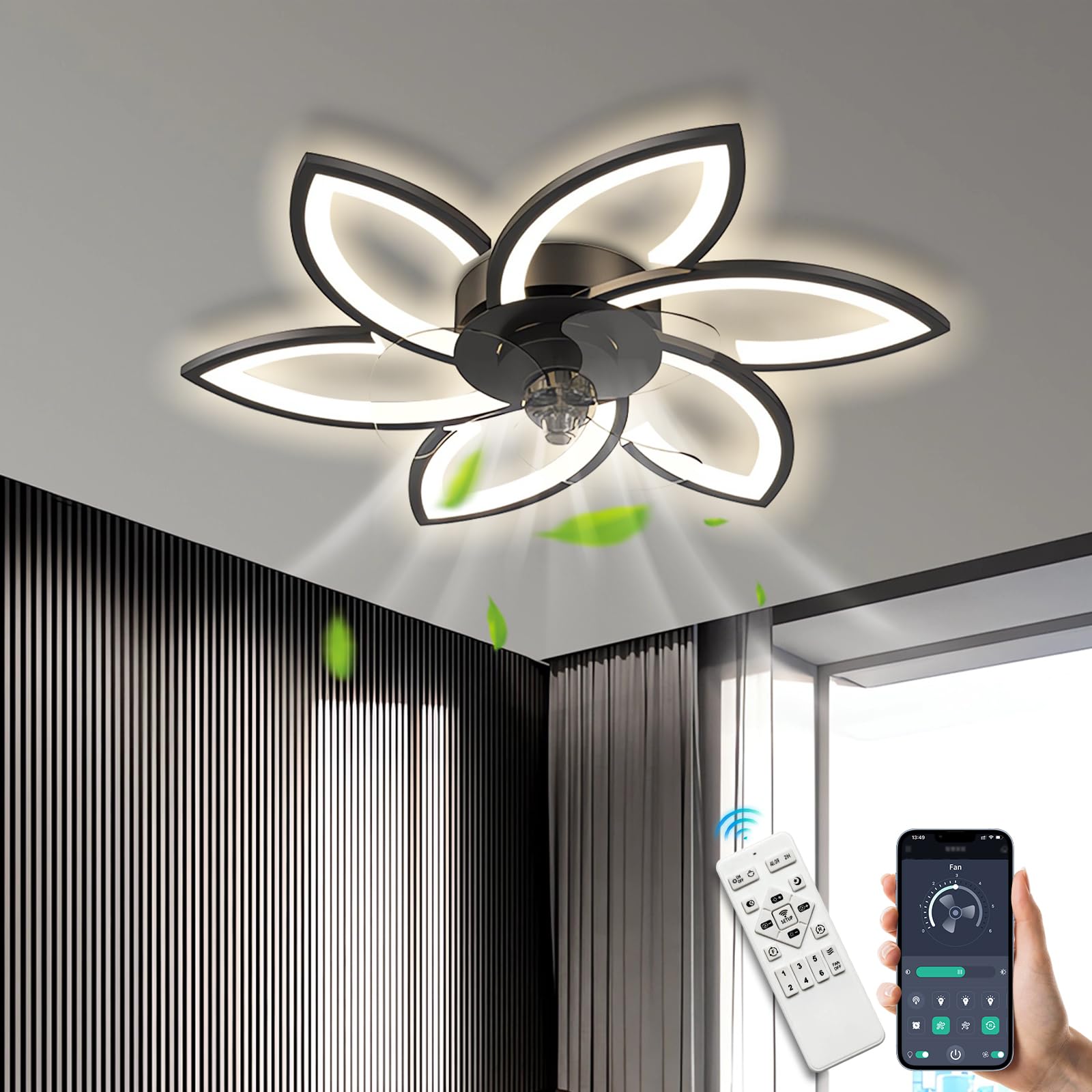 Deckenleuchte mit Ventilator leise Dimmbar 3 Farbtemperatur 6 Geschwindigkeiten led deckenventilator mit fernbedienung für Wohnzimmer Schlafzimmer Esszimmer deckenlampe mit ventilator (Schwarz, Φ78cm)
