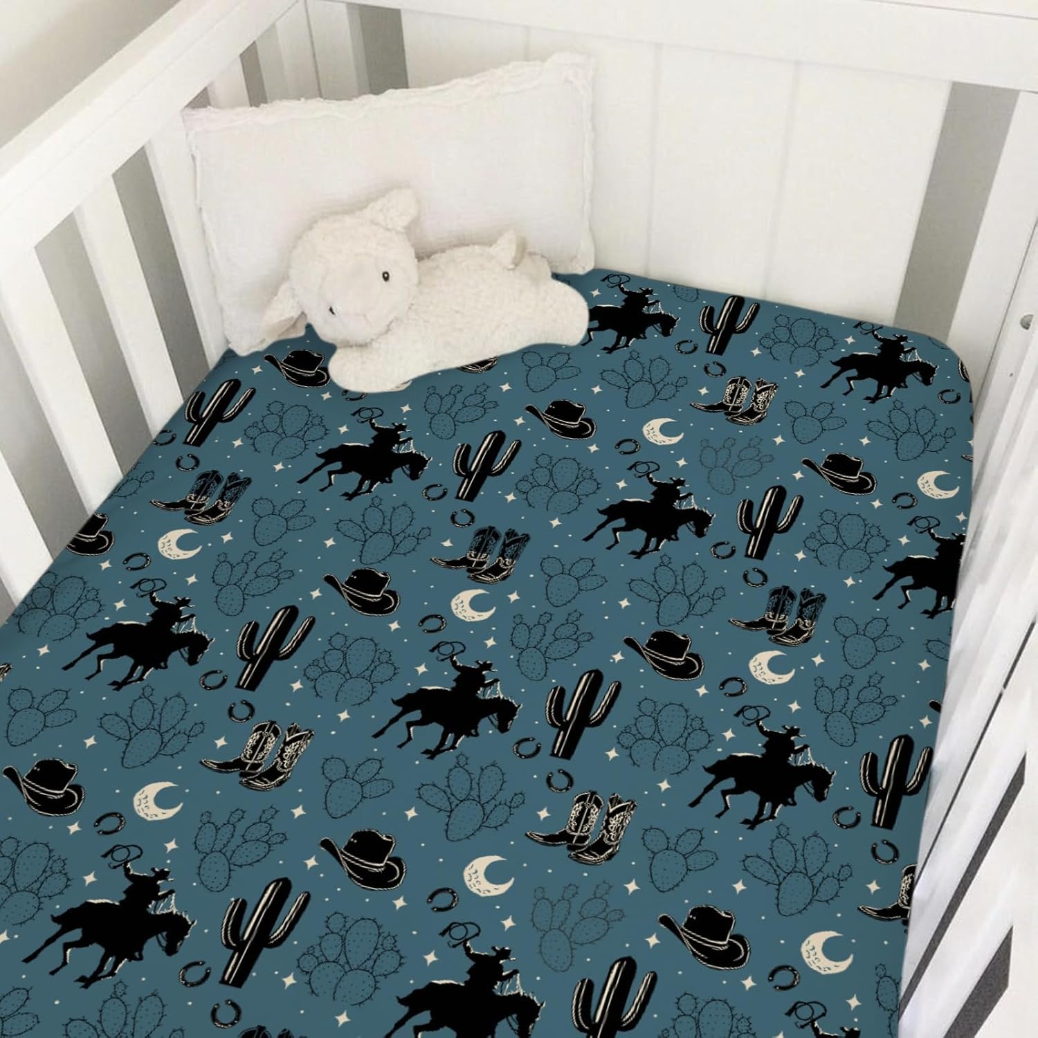 Vintage Western Cowboy Baby Crib Sheets 52''x28'' Cowboy Horse Boots Hat Cactus Moon Snug Fitted Crib Mattress Cover for Boy Girl Wild Plants Soft Baby Bed Sheet for Standard Crib Toddler Mattress