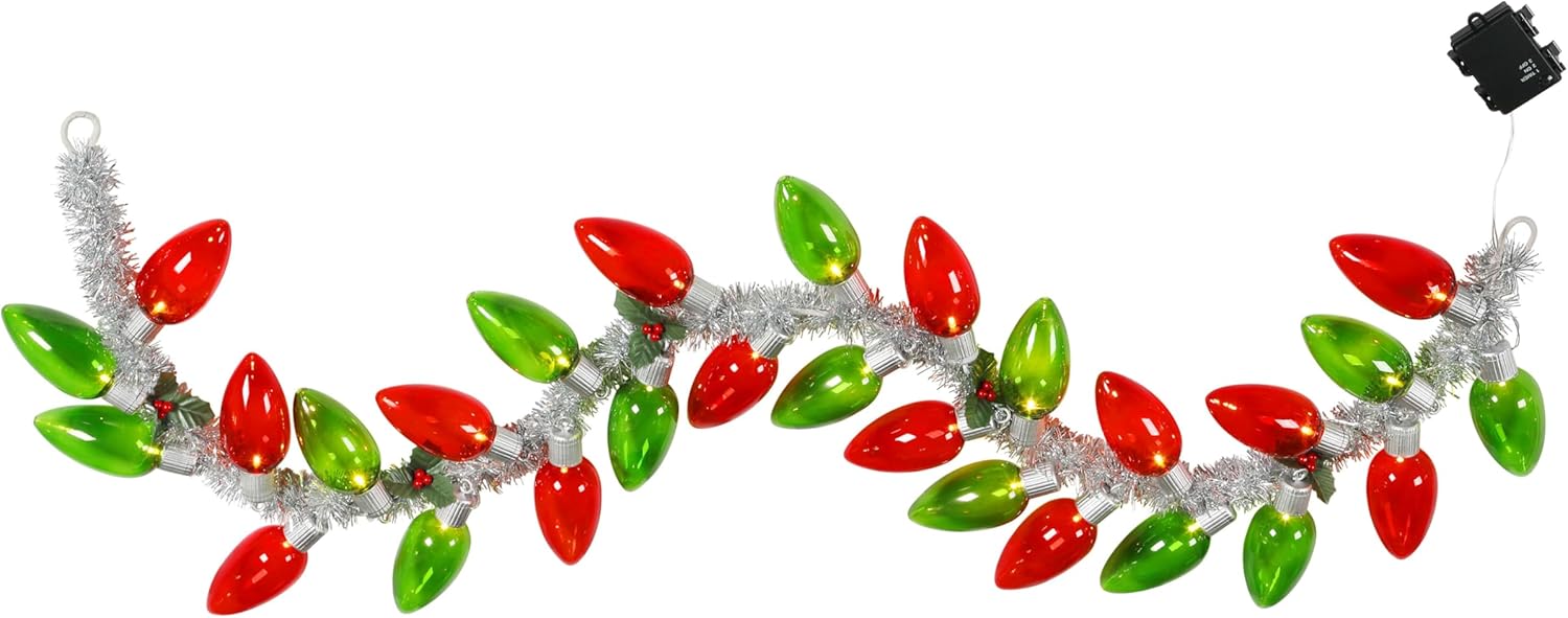 Mr. Christmas 70 Inch Retro C9 Bulb Garland, Red and Green with LED Lights and Tinsel, Vintage Lit Christmas Garland Decoration for Mantels and Doorways