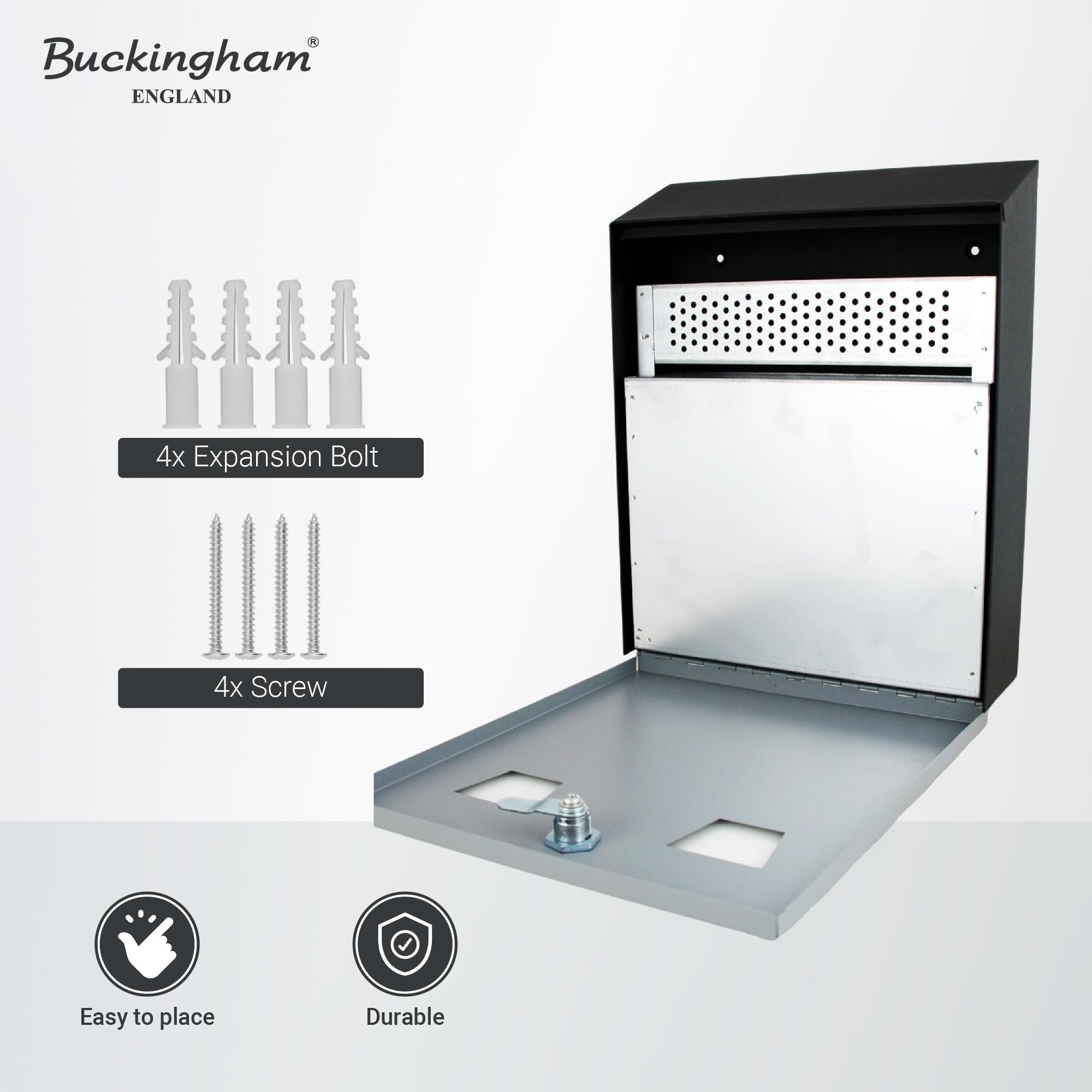 Buckingham – Montado en la Pared al Aire Libre Papelera de Cigarrillo, Acero, Gris/Negro, 26 x 8,2 x 32 cm