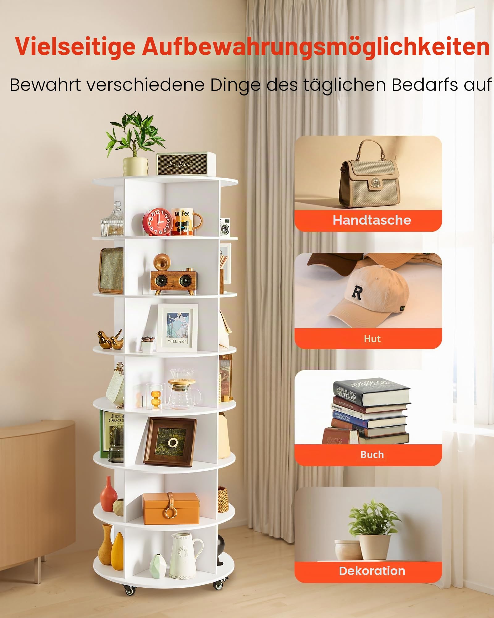 VEVOR Schuhregal Schuhschrank für 28 Paar Schuhe (7-stöckig) 360° drehbar, Schuhaufbewahrung mit Rollen, Schuhablage für Schlafzimmer Wohnzimmer Eingangsbereich, Weiß 598 x 598 x 1670 mm