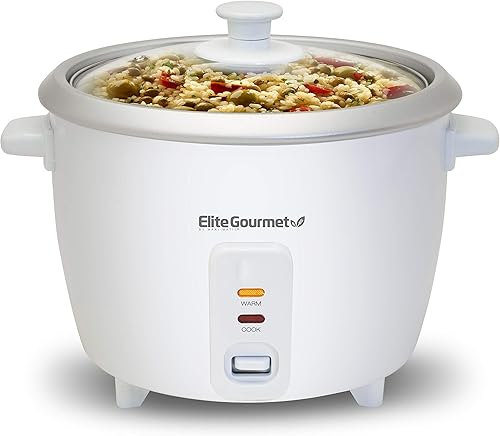 Elite Gourmet ERC-003# Arrocera eléctrica con mantenimiento automático del calor hace sopas, guisos, granos, cereales calientes, blanco, 6 tazas