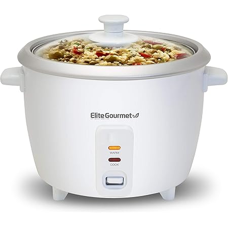 Elite Gourmet ERC-003 Electric Rice Cooker with Automatic Keep Warm Makes Soups, Stews, Grains, Hot Cereals, White, 6 Cups Cooked (3 Cups Uncooked)
