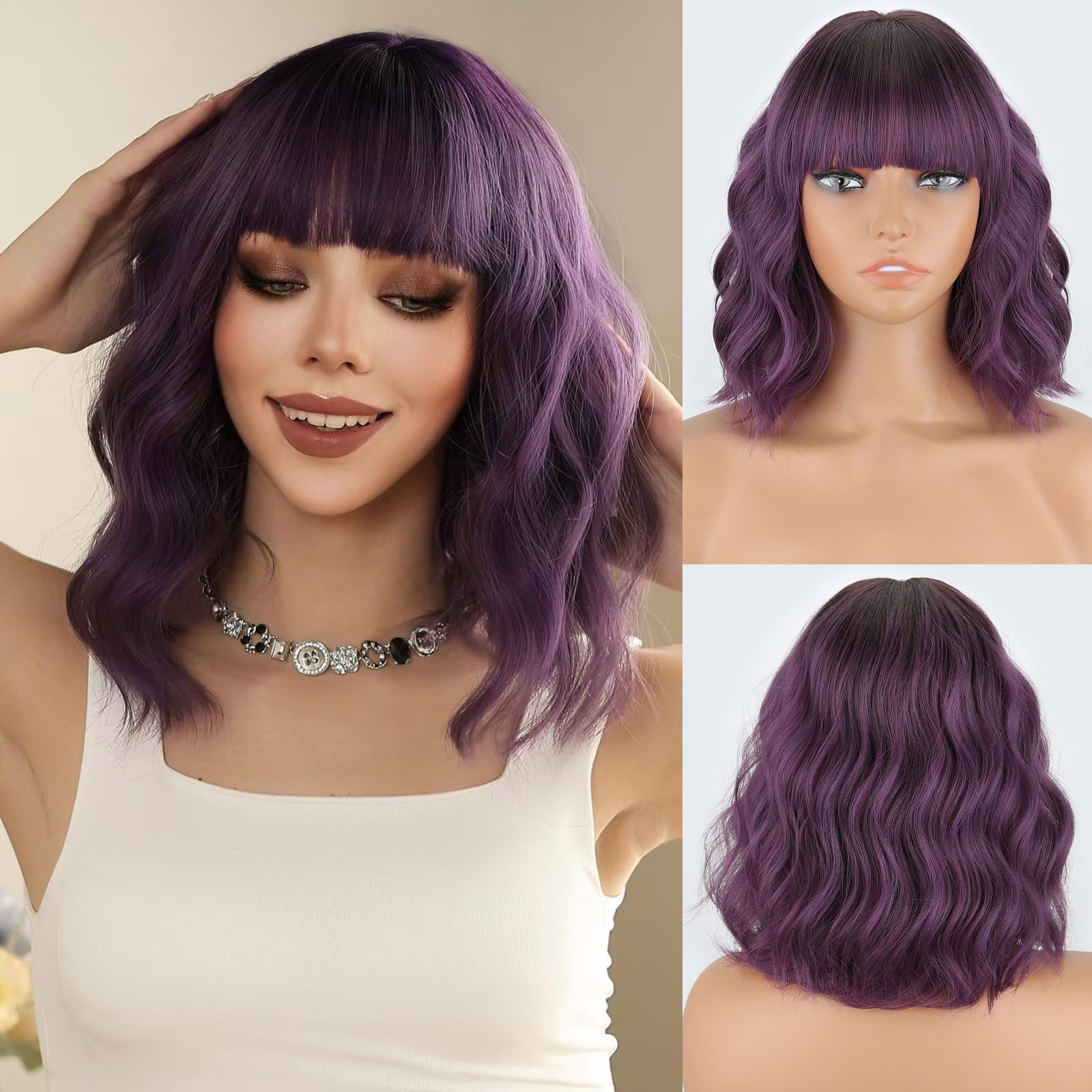 MISSQUEEN Short Wavy Bob Wig with Bangs, Synthetic Heat-Resistant Hair