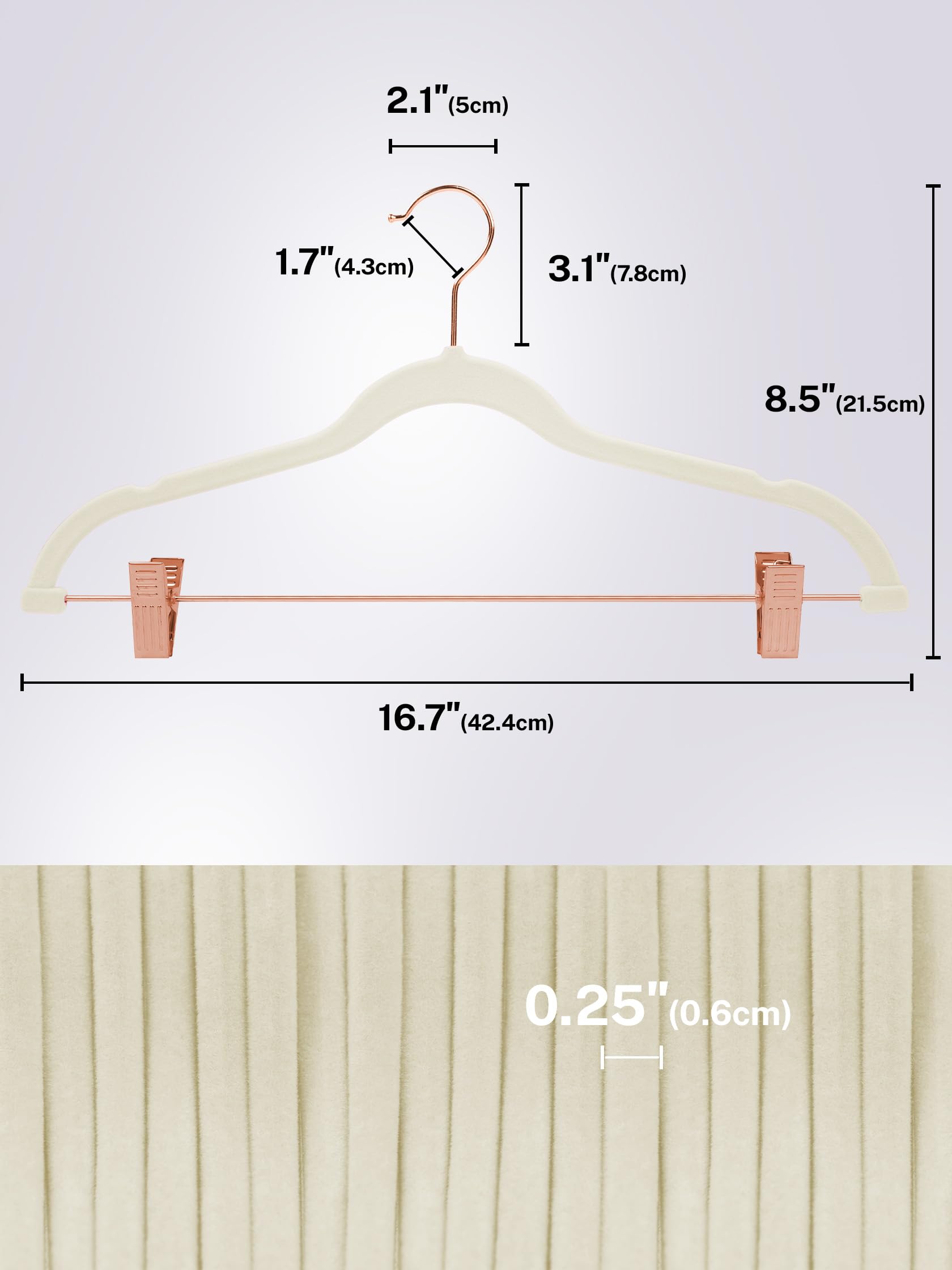 HOUSE DAY Paquete de 24 perchas de terciopelo antideslizantes con clips de oro rosa, perchas delgadas de terciopelo con clips, ganchos de terciopelo para jeans, pantalones, vestidos, abrigos (marfil)