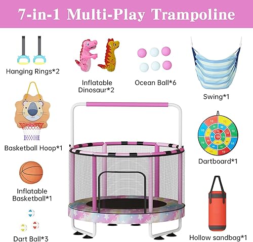 Miniatura 6 de Lamerge Kids Trampoline, Toddler Bouncing Trampoline with Safety Enclosure Net, ASTM-Approved, 500lbs Capacity, Ages 1-8, Adjustable Handrail,