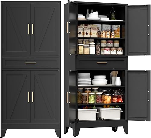 Miniatura 22 de COFaR Armario blanco de despensa de cocina con 2 puertas de granero, 3 estantes y patas ajustables, para armario, comedor, baño, sala de estar,