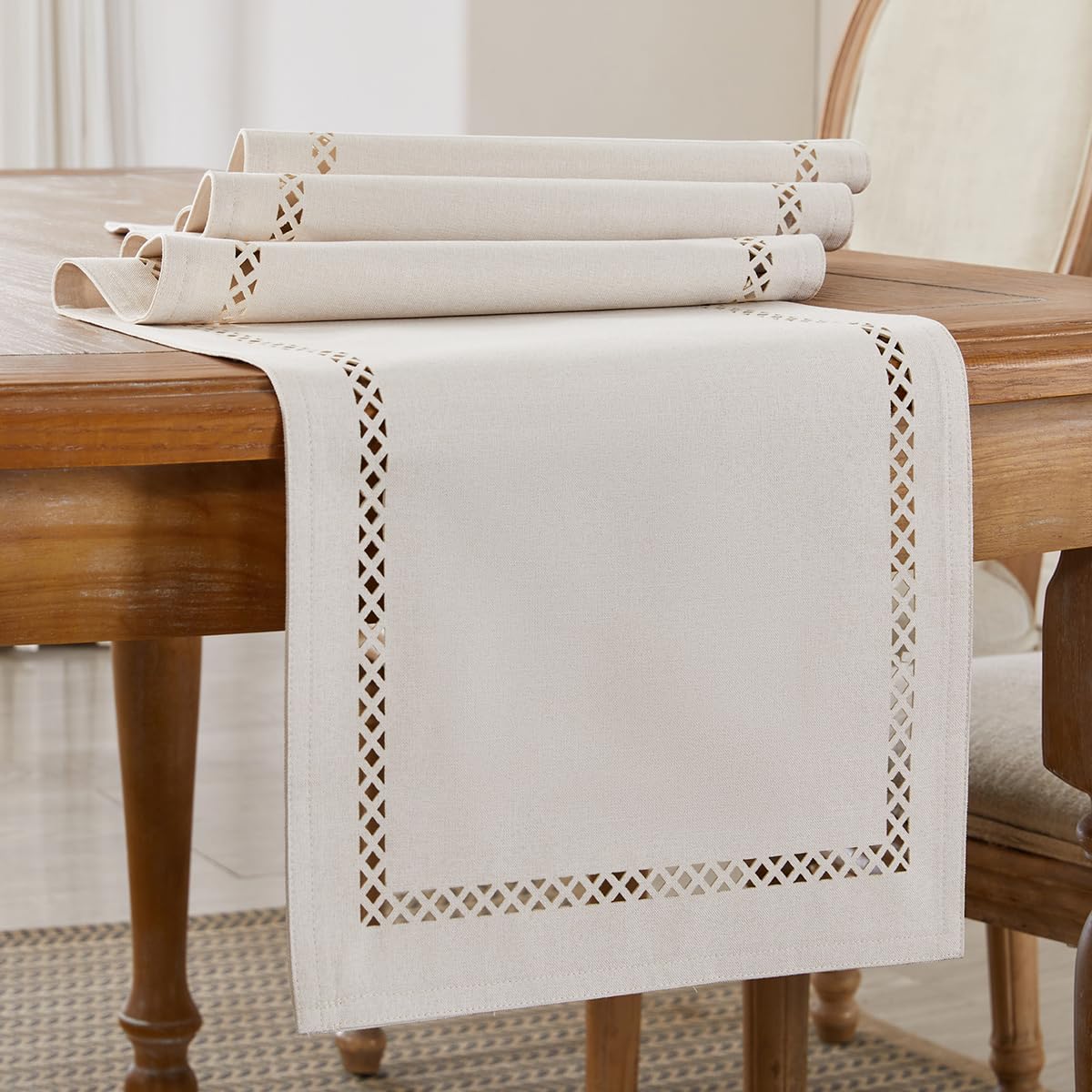 Wracra Boho Linen Style Table Runner, 120 cm Long Rustic Table Runners, Unique Two-layer Geometric Hollow Table Runner for Dining Holiday Parties and Everyday Use (Off White, 120cm) โ image 1