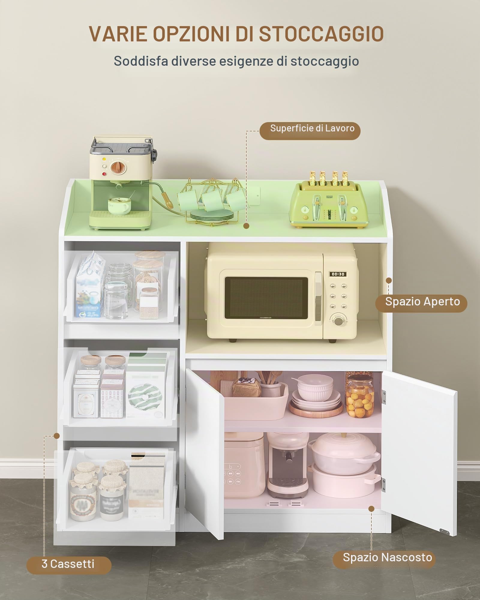 Hzuaneri Credenza Cucina, Mobile Cucina con Piano d'Appoggio