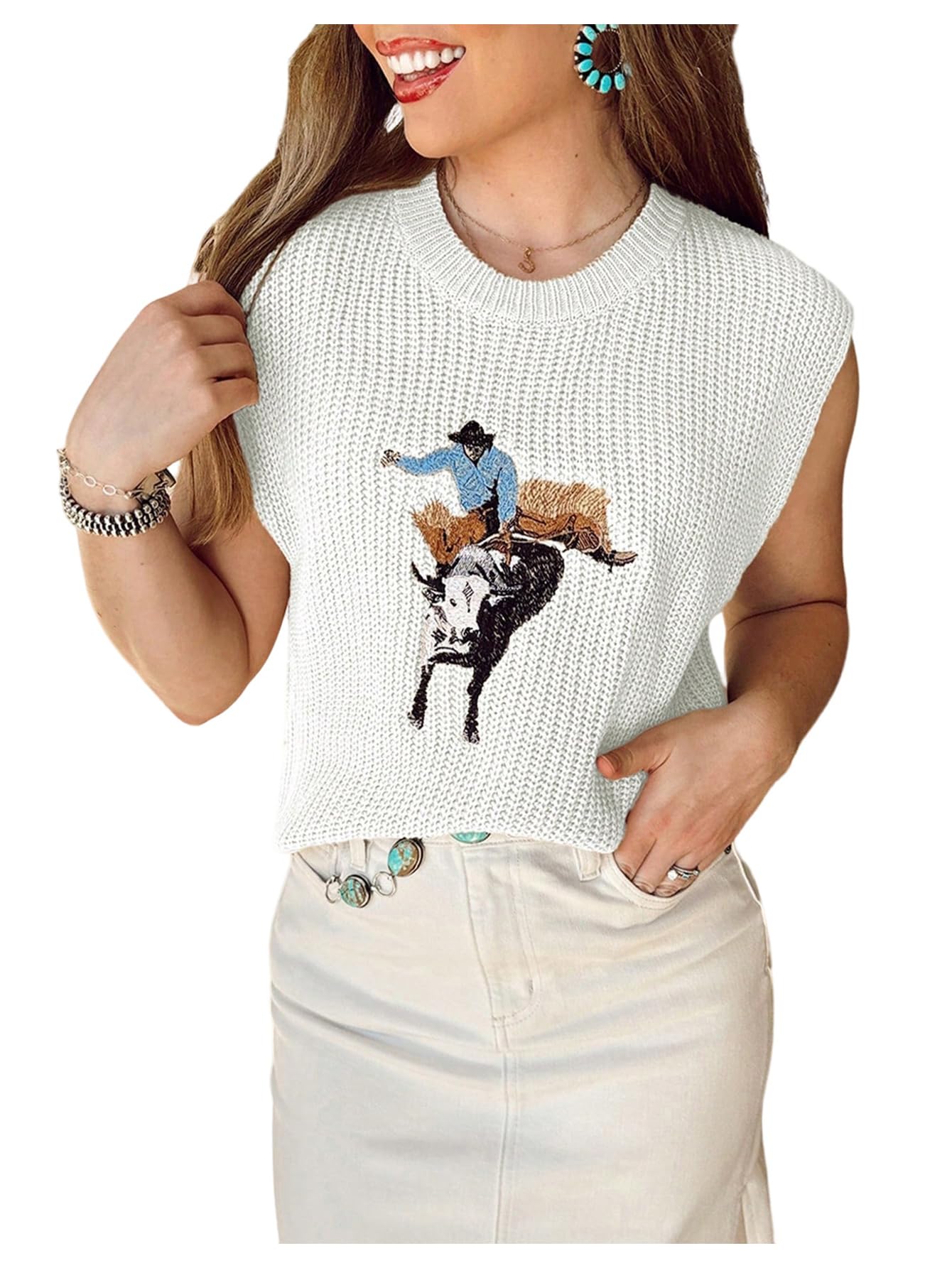 WDIRARA Womens Cowboy Embroidered Sweater Vest Crew Neck Sleeveless Pullovers Ribbed Knit Tank Tops