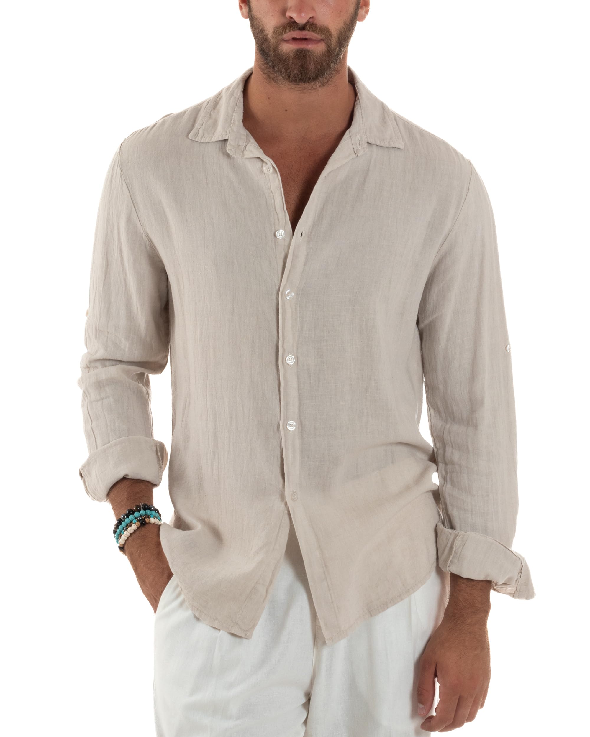 Camicia Uomo Lino Colletto Maniche Lunghe Casual Regular Fit Basic Tinta Unita Vari Colori