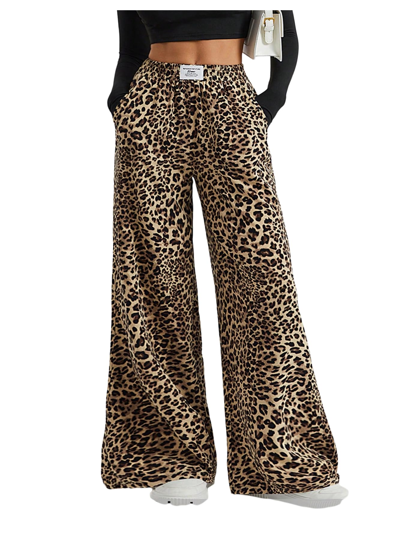 RoseSeek Women's Letter Leopard Print Y2K Straight Elastic Waist Leg Pants