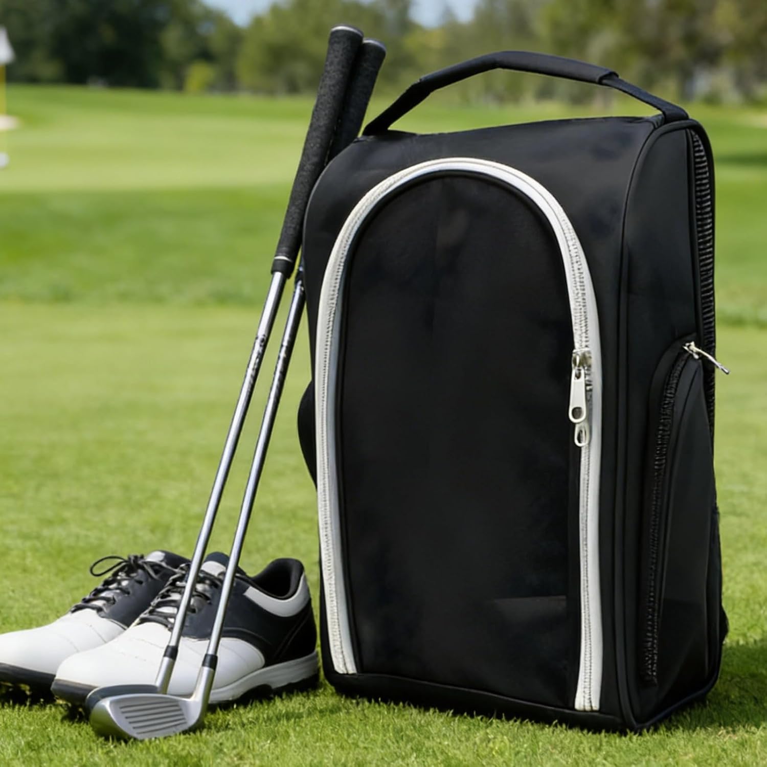 2 Pcs Golf Shoe Bag, Black Sport Shoe Tote, Canvas, Zipper, Side Pocket, Mesh Vents, Fits Up To Size 14 Shoes, Portable