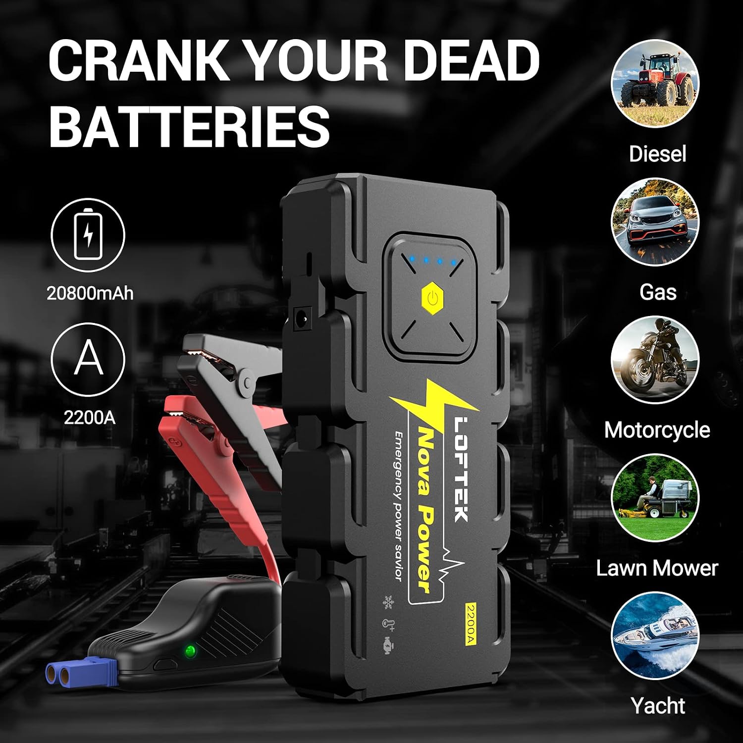 LOFTEK Car Jump Starter Battery Pack, 2200A Peak Current Protable Jump Box for Up to 8.0L Gas and 6.5L Diesel Engines, 12V Auto Battery Booster with Built-in LED Flashlight for Most Vehicle