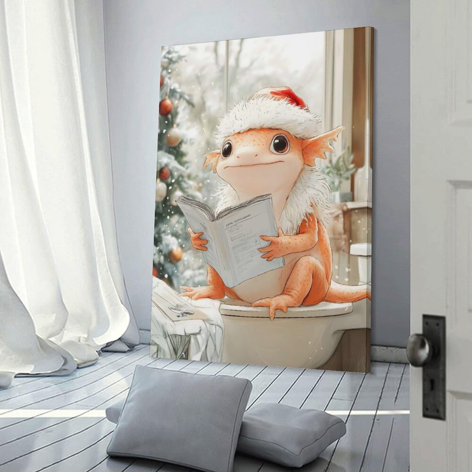 Junmoney Decorative Canvas Print Christmas Axolotl Lizard Toilet, 08x12inch(20x30cm), for New Homes, Bedrooms Or Workspaces, Thoughtful Wall Decor for Art Lovers