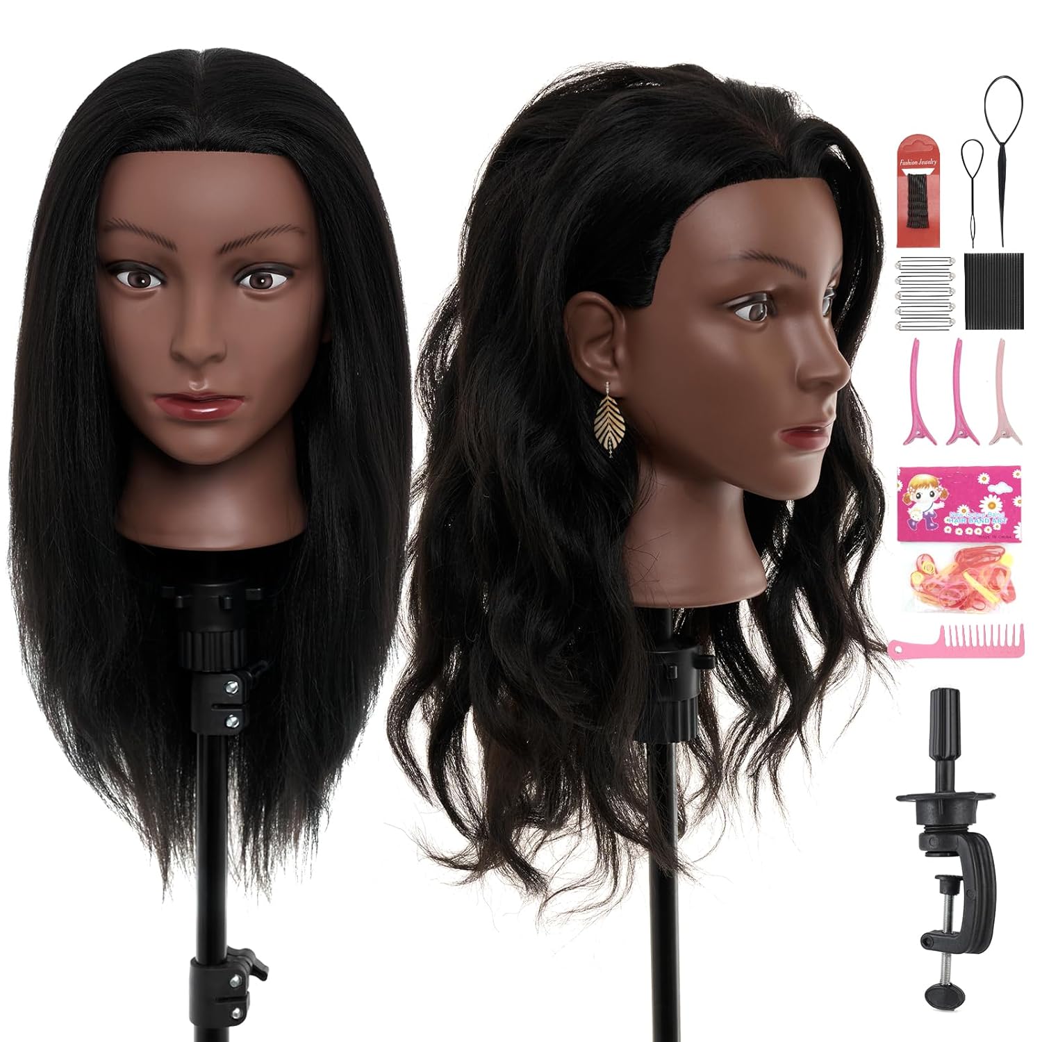 20-22" Mannequin Head,100% Real Human Hair Mannequin Head, Braiding Cosmetology Manikin Doll Head for Hair Styling Training with Table Clamp,Braiding Set(Light brown) Hair Extensions