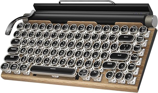 Retro Typewriter Keyboard, Bluetooth Mechanical Keyboard with Punk Round Keycaps, 83 Keys, Blue Switches, for PC Laptop Tablet Phone Wood Color
